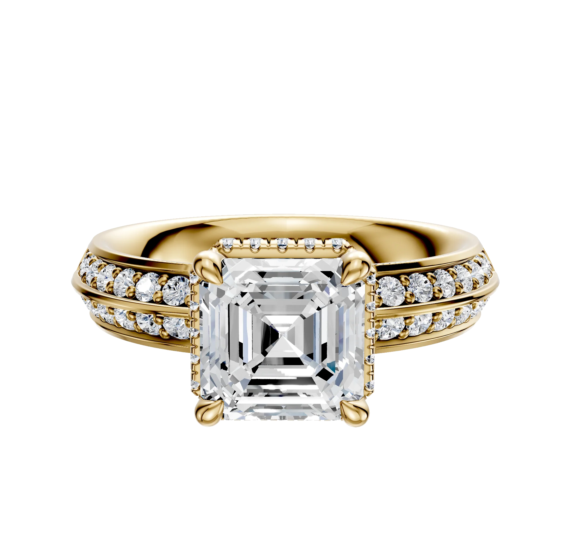14K Yellow Gold 4 Prong Collar Classic Knife Edge 1-Row-Pave 2.5mm Engagement Ring