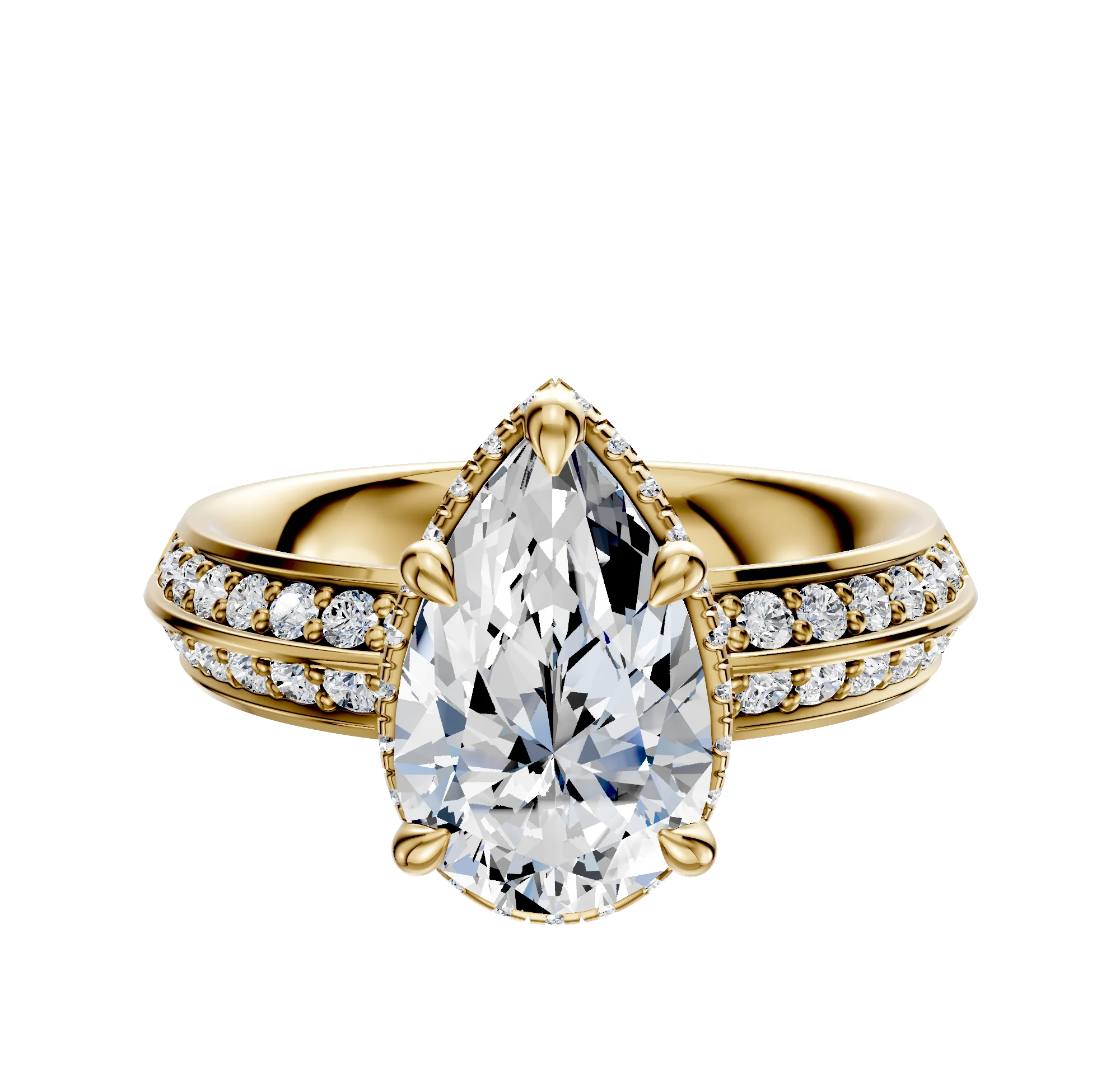 14K Yellow Gold 4 Prong Collar Classic Knife Edge 1-Row-Pave 2.5mm Engagement Ring