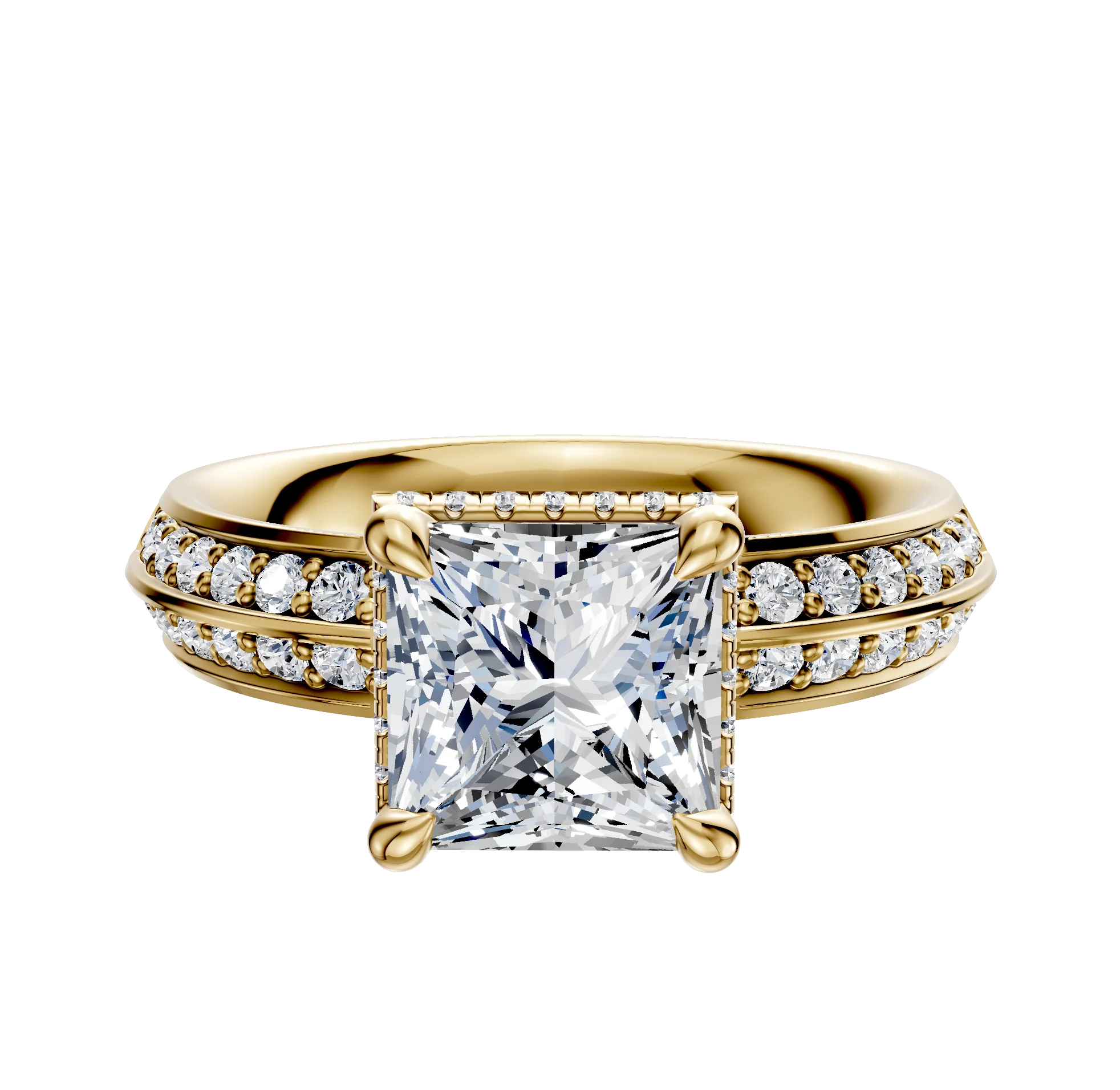 14K Yellow Gold 4 Prong Collar Classic Knife Edge 1-Row-Pave 2.5mm Engagement Ring