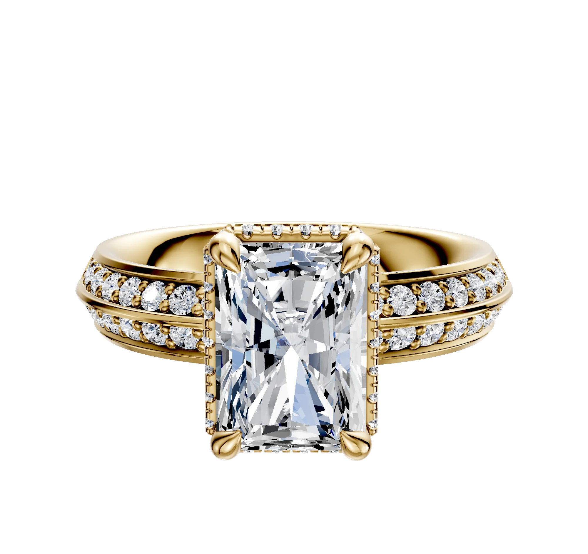 14K Yellow Gold 4 Prong Collar Classic Knife Edge 1-Row-Pave 2.5mm Engagement Ring