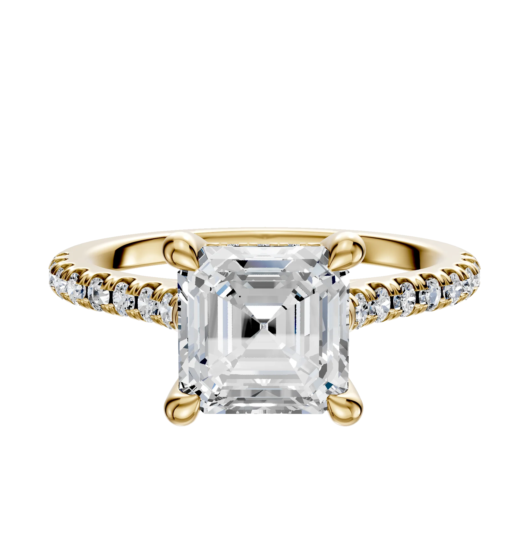 14K Yellow Gold 4 Prong Hidden Halo Cathedral Dome 1-Row-Pave 2.5mm Engagement Ring