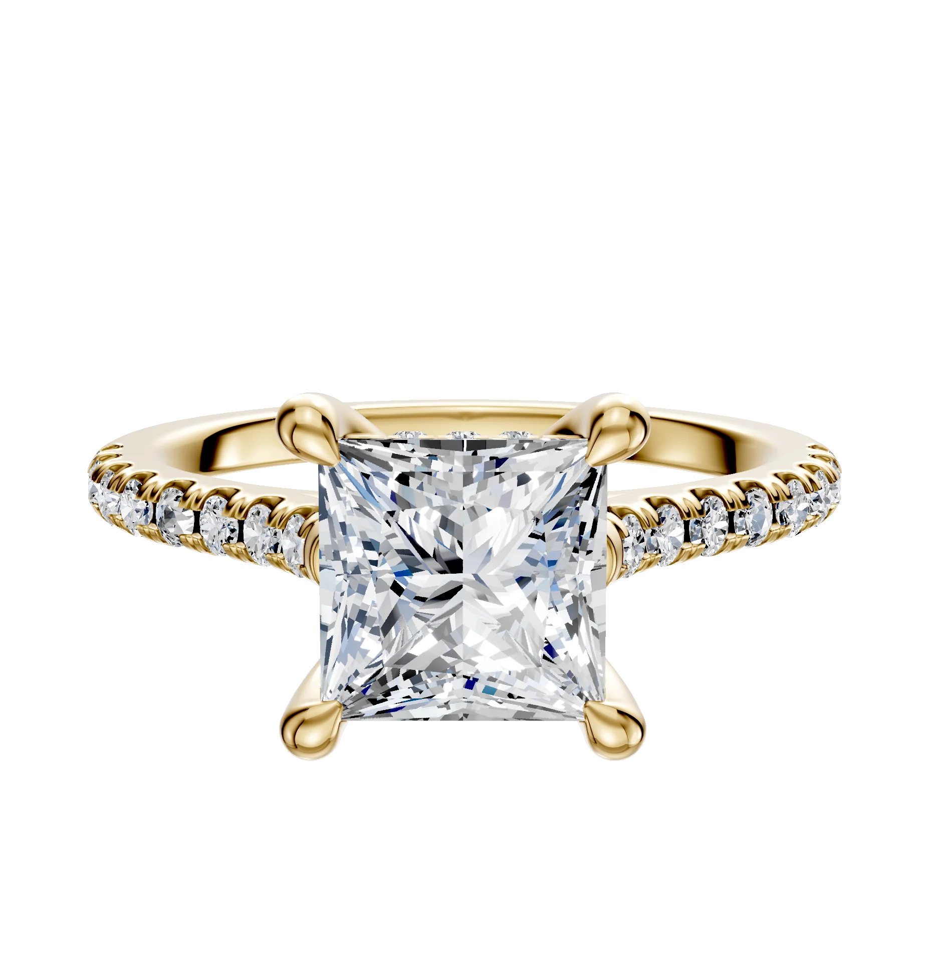 14K Yellow Gold 4 Prong Hidden Halo Cathedral Dome 1-Row-Pave 2.5mm Engagement Ring