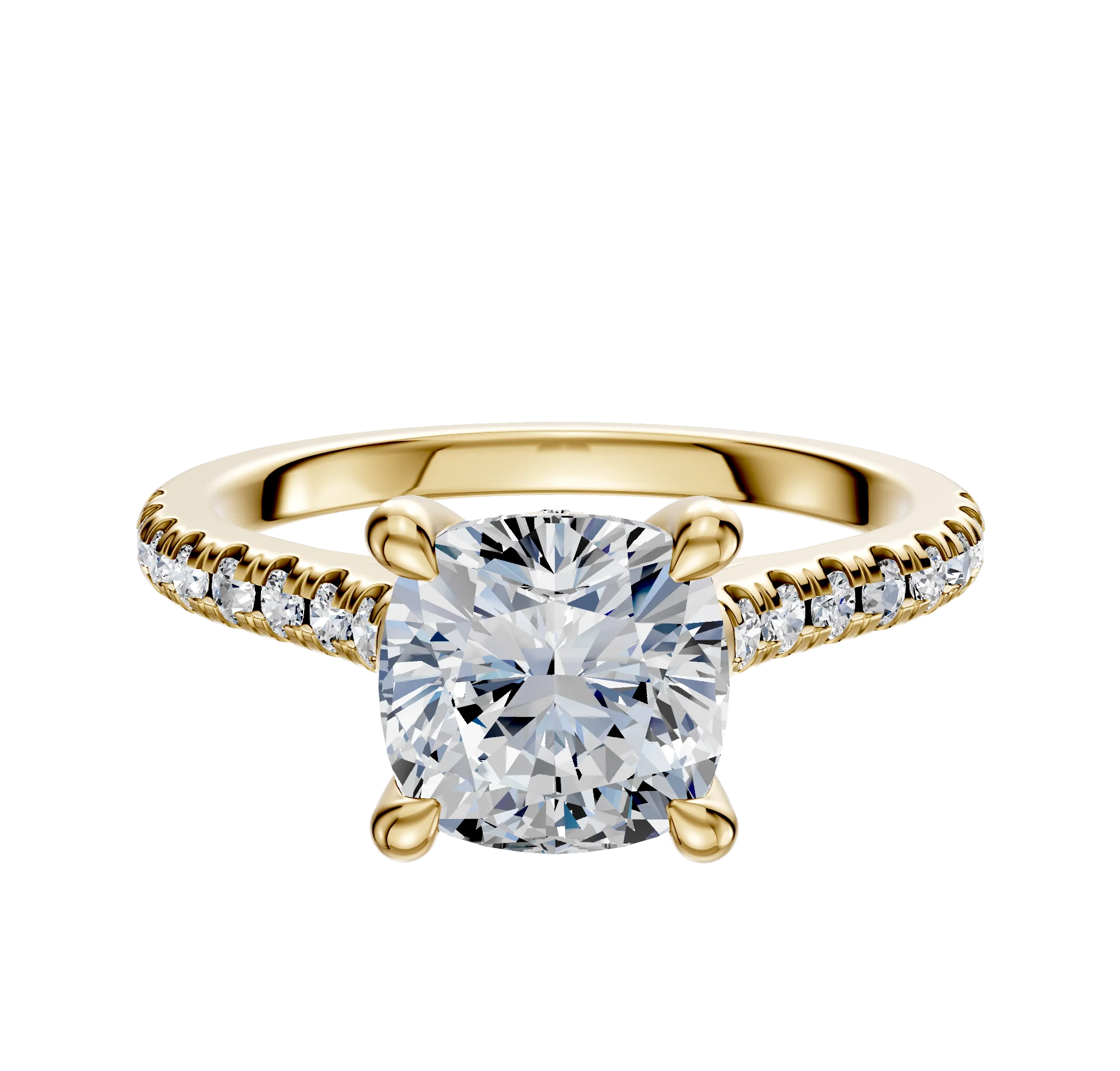 14K Yellow Gold 4 Prong Hidden Halo Cathedral Dome 1-Row-Pave 2.5mm Engagement Ring