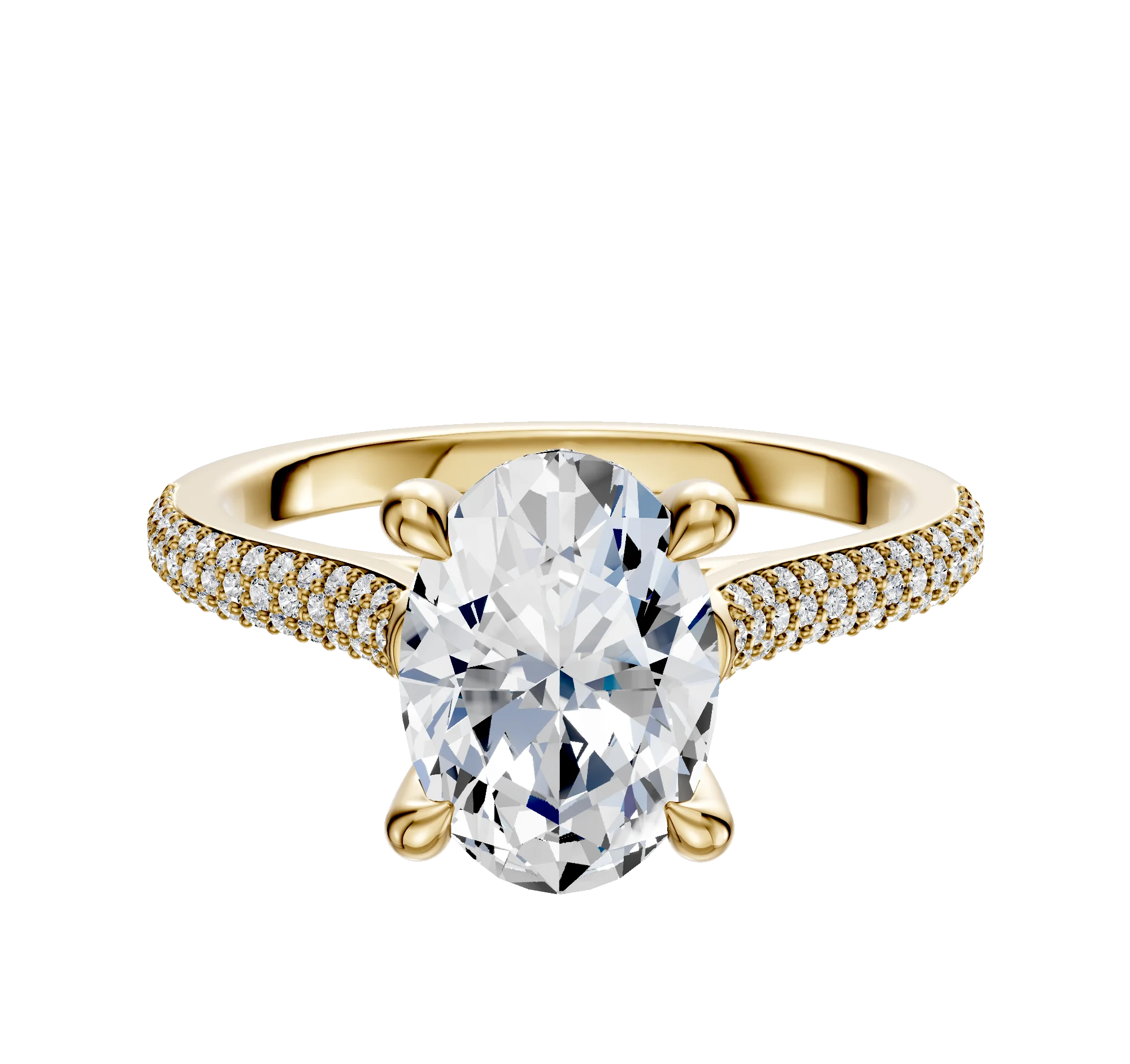 14K Yellow Gold 4 Prong Hidden Halo Cathedral Dome 3-Row-Pave 2.0mm Engagement Ring