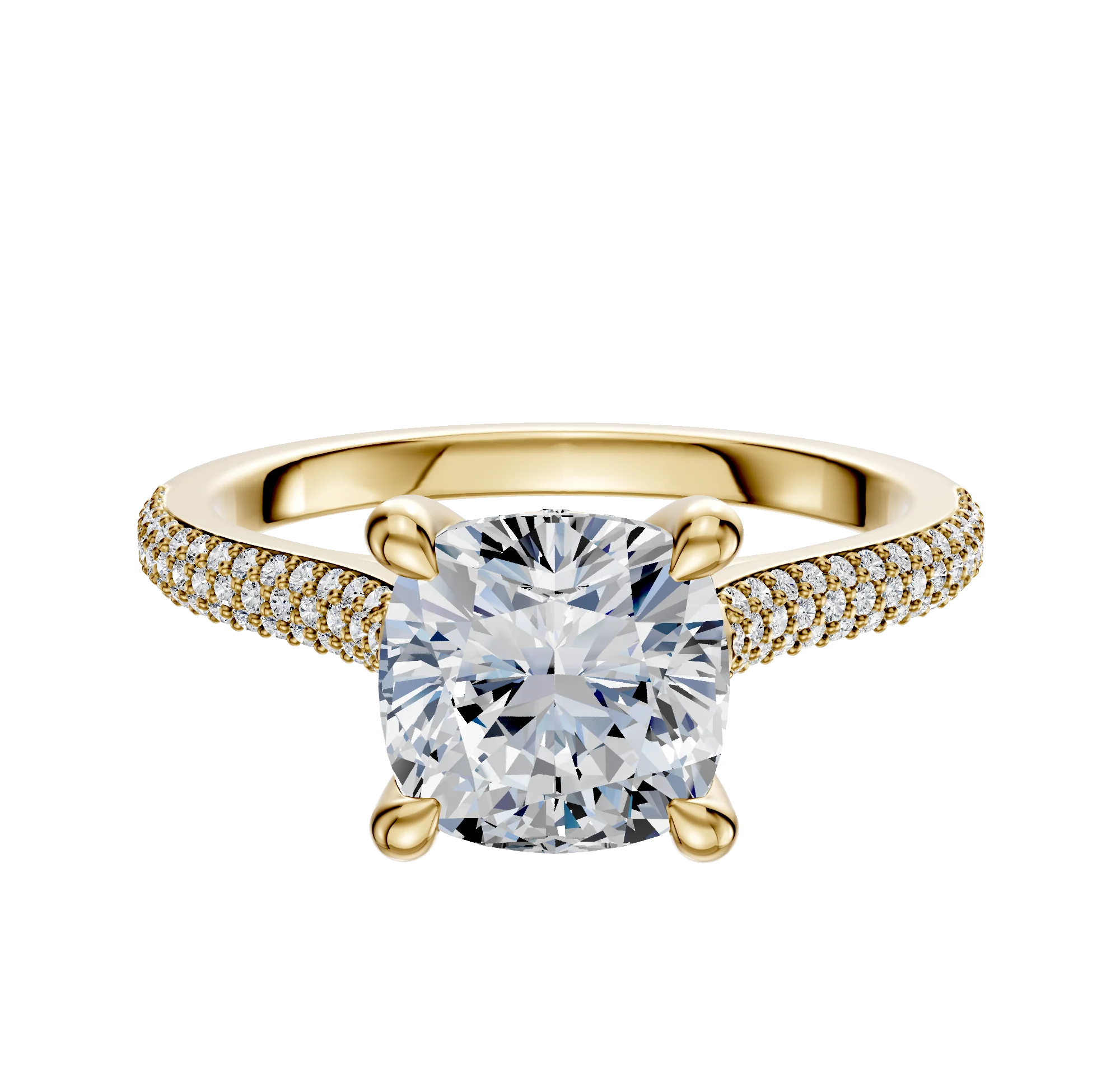 14K Yellow Gold 4 Prong Hidden Halo Cathedral Dome 3-Row-Pave 2.0mm Engagement Ring