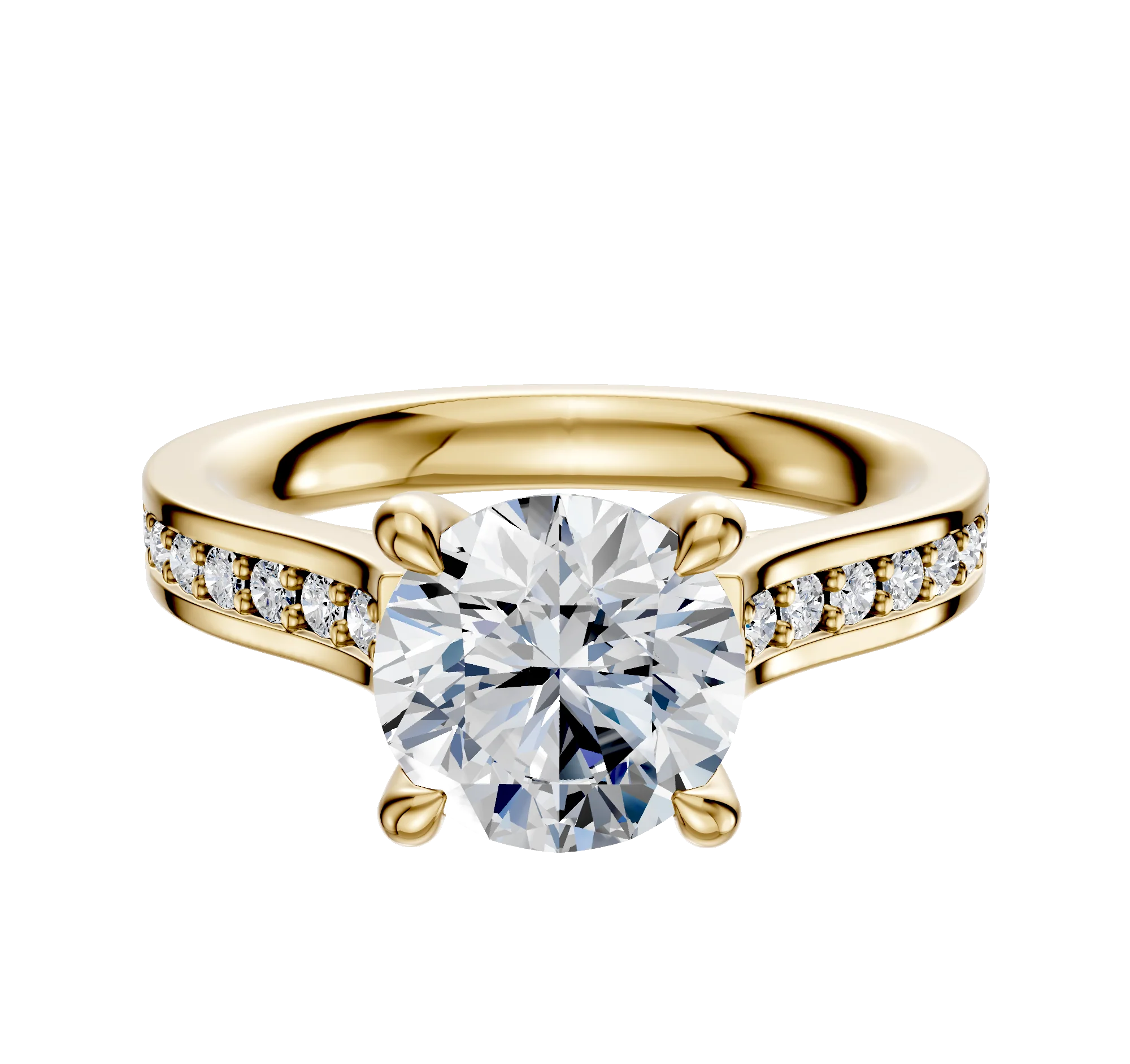 14K Yellow Gold 4 Prong Hidden Halo Cathedral Flat 1-Row-Pave 2.5mm Engagement Ring