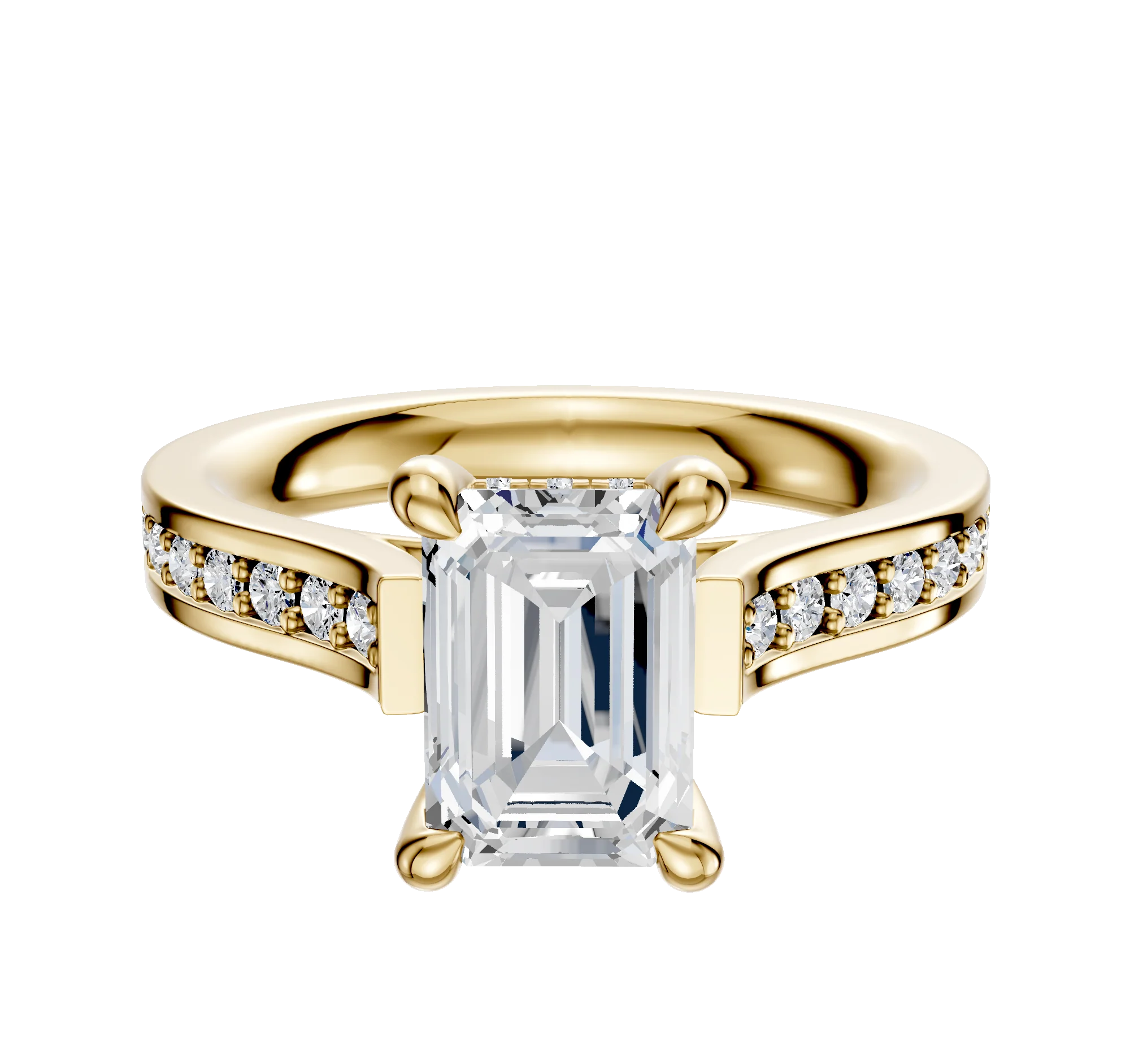 14K Yellow Gold 4 Prong Hidden Halo Cathedral Flat 1-Row-Pave 2.5mm Engagement Ring