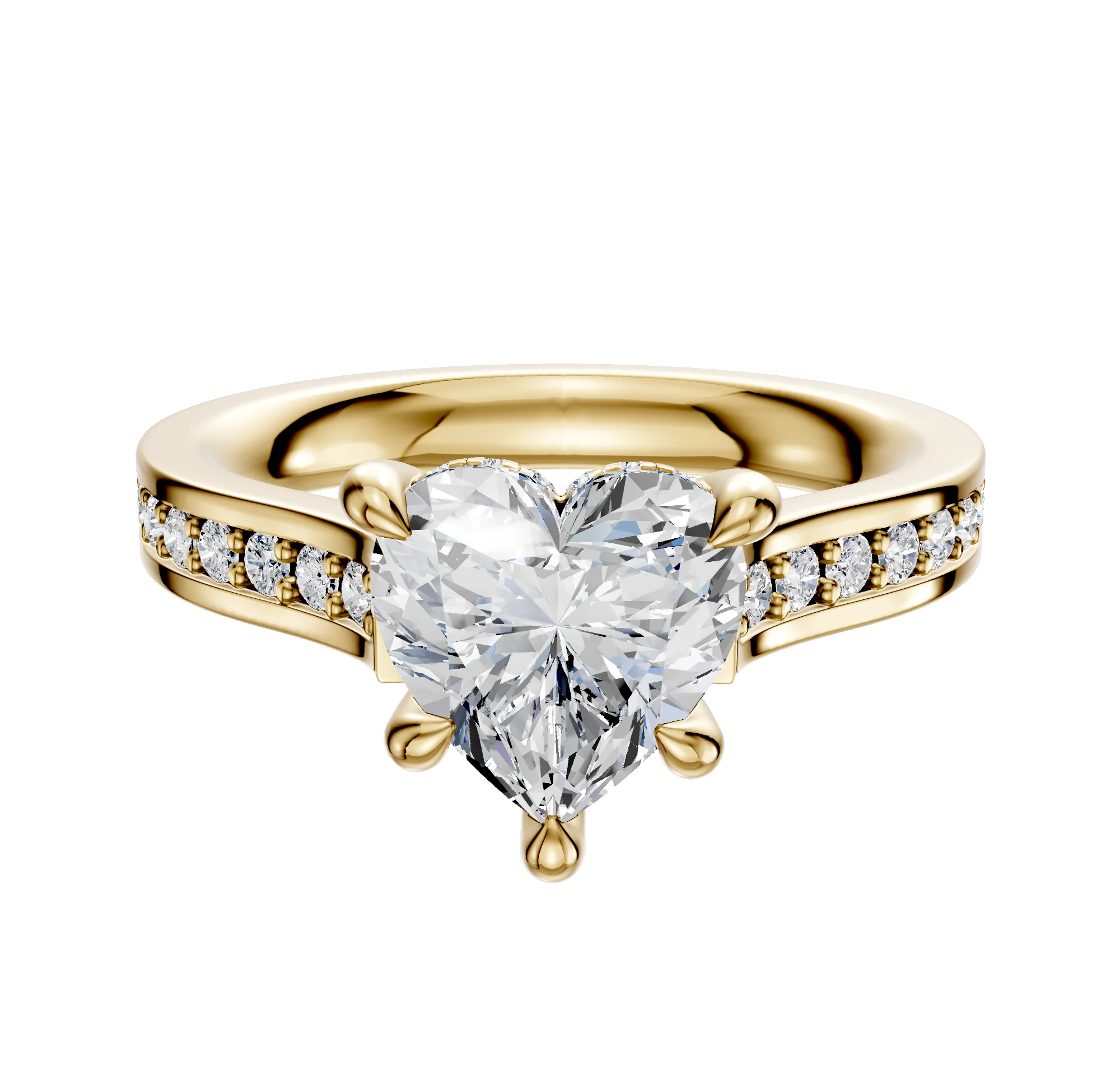 14K Yellow Gold 4 Prong Hidden Halo Cathedral Flat 1-Row-Pave 2.5mm Engagement Ring