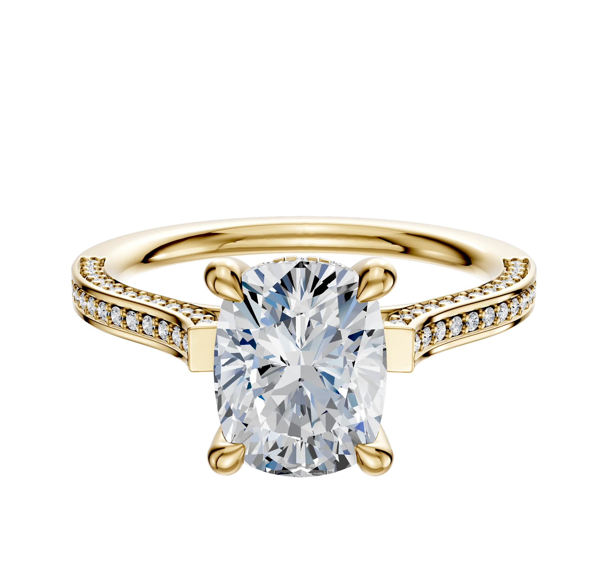 14K Yellow Gold 4 Prong Hidden Halo Cathedral Flat 3-Row-Pave 2.0mm Engagement Ring