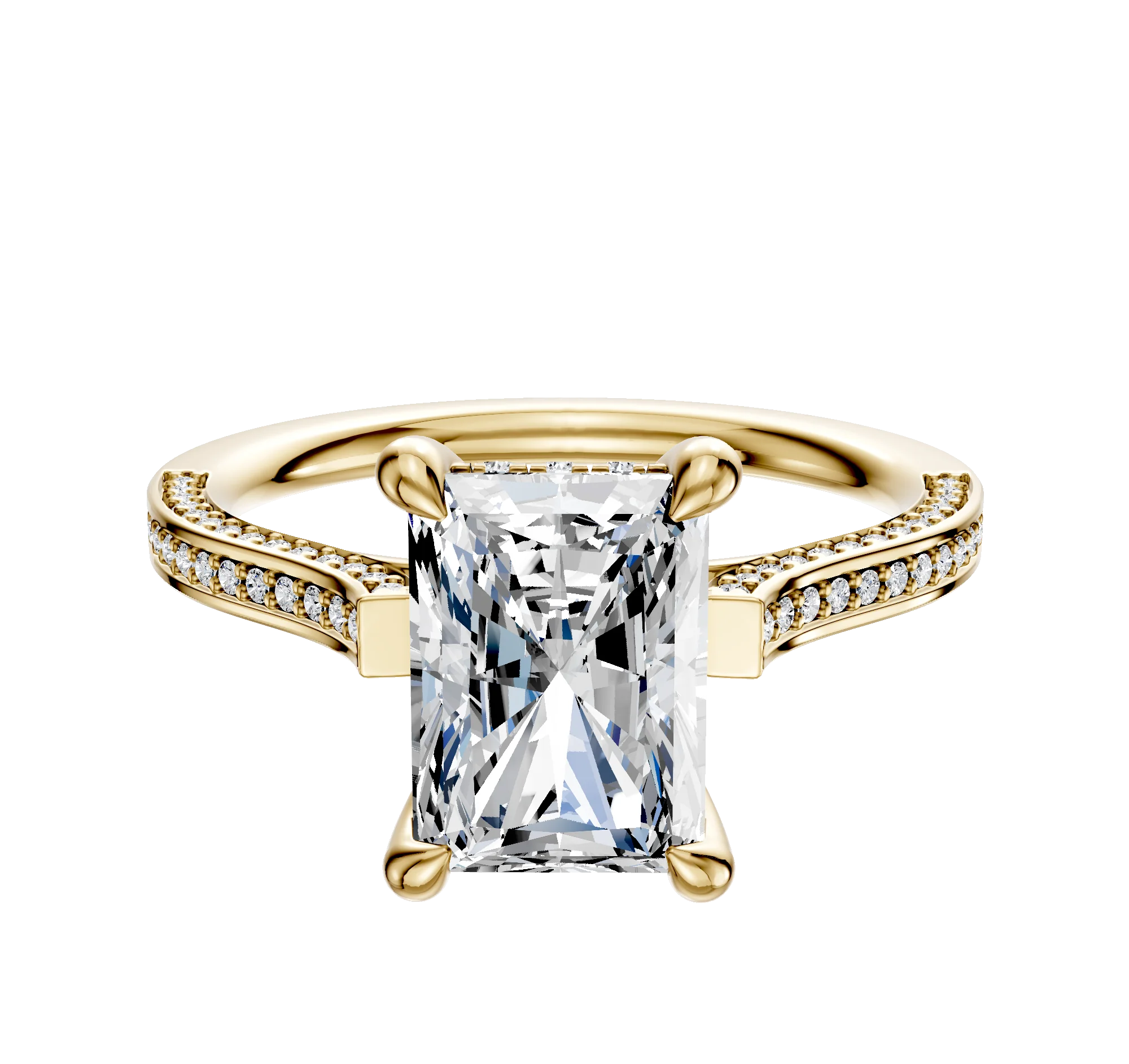 14K Yellow Gold 4 Prong Hidden Halo Cathedral Flat 3-Row-Pave 2.0mm Engagement Ring