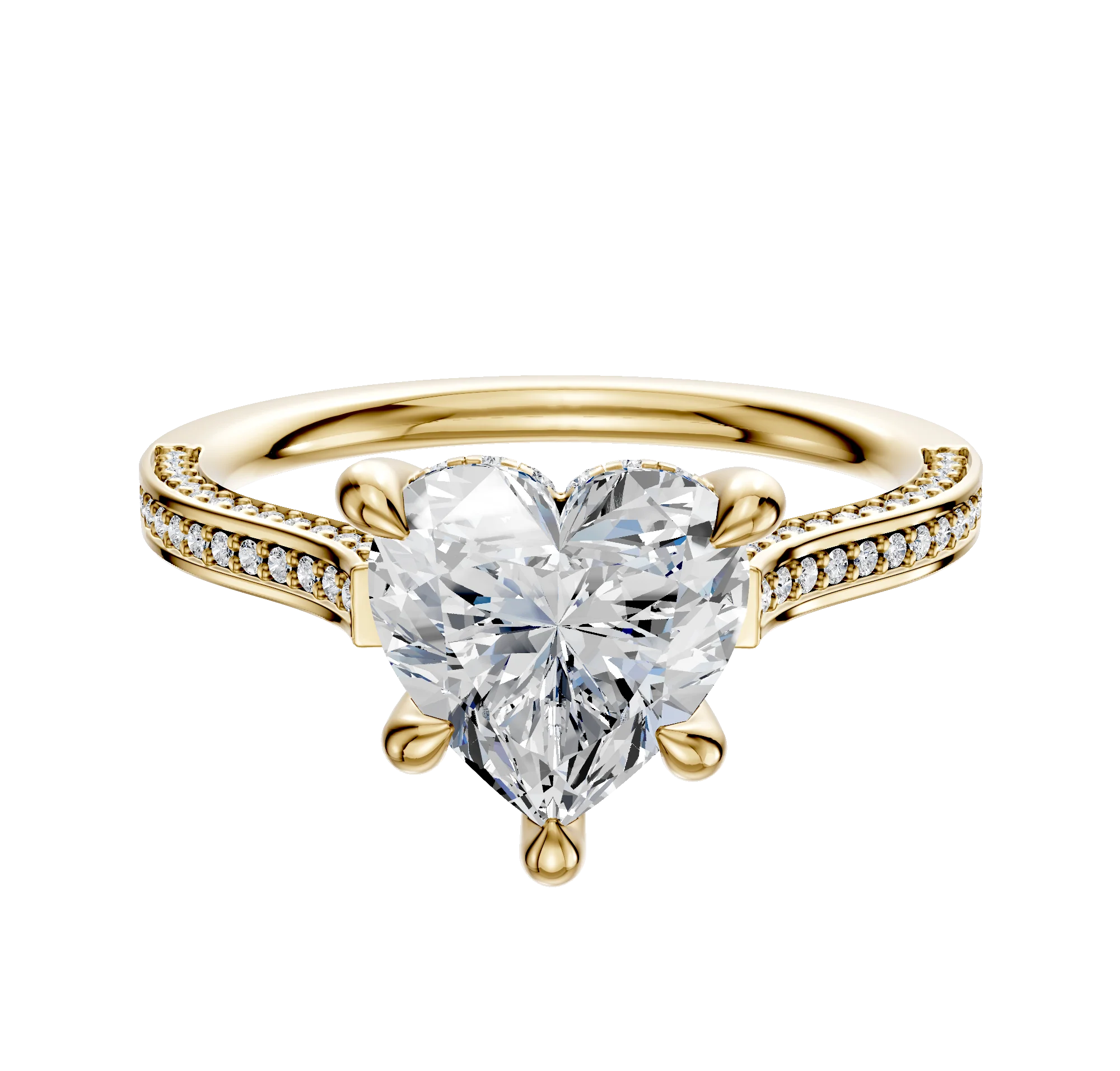 14K Yellow Gold 4 Prong Hidden Halo Cathedral Flat 3-Row-Pave 2.0mm Engagement Ring