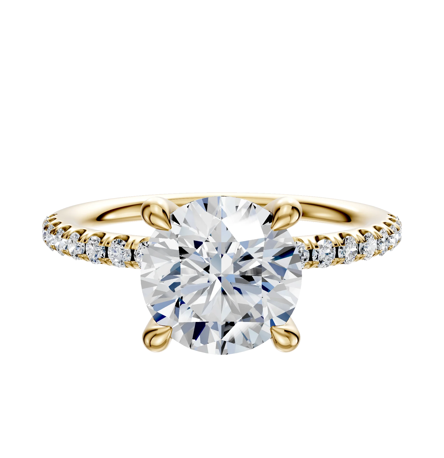 14K Yellow Gold 4 Prong Hidden Halo Classic Dome 1-Row-Pave 2.5mm Engagement Ring