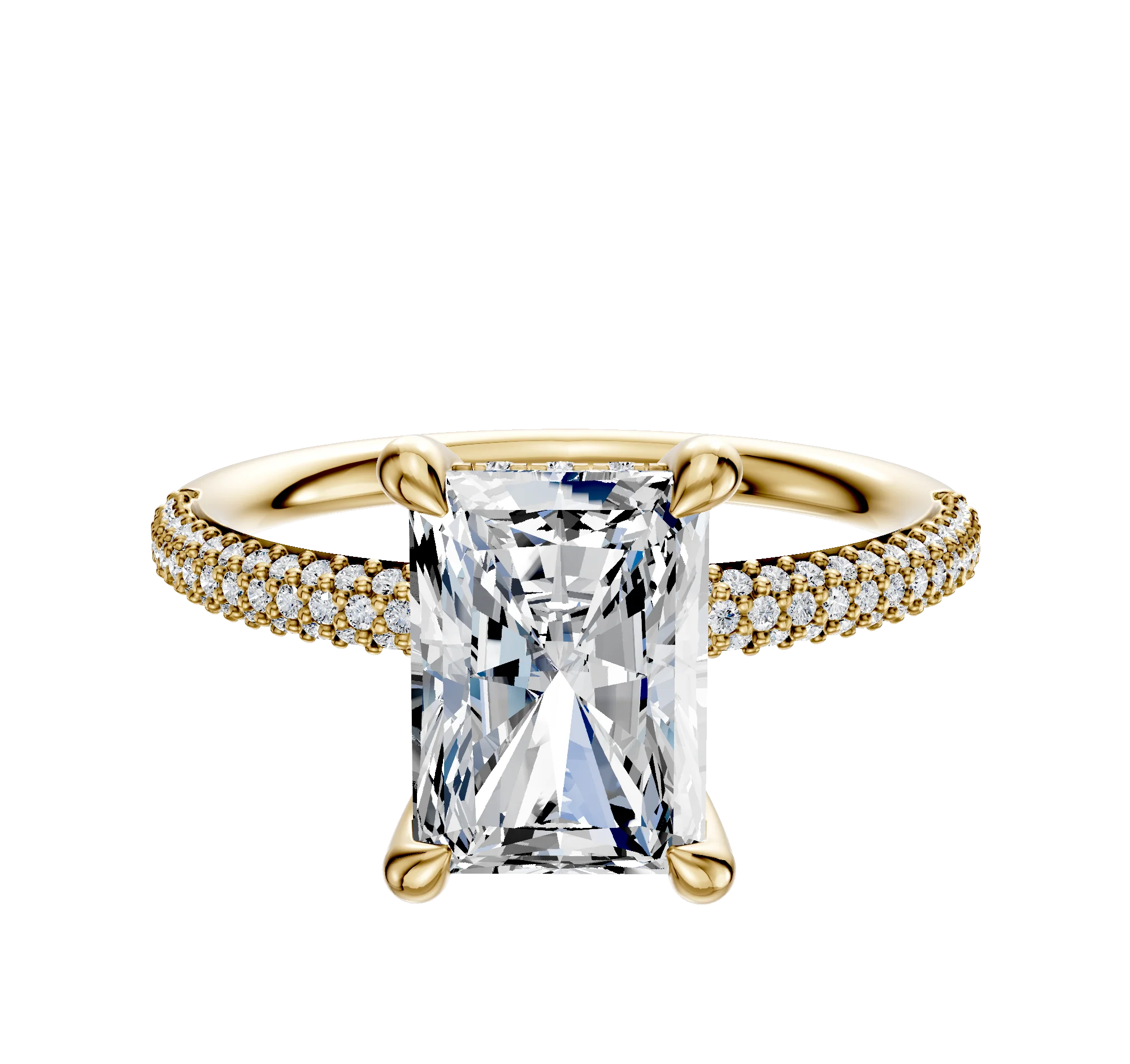 14K Yellow Gold 4 Prong Hidden Halo Classic Dome 3-Row-Pave 2.0mm Engagement Ring