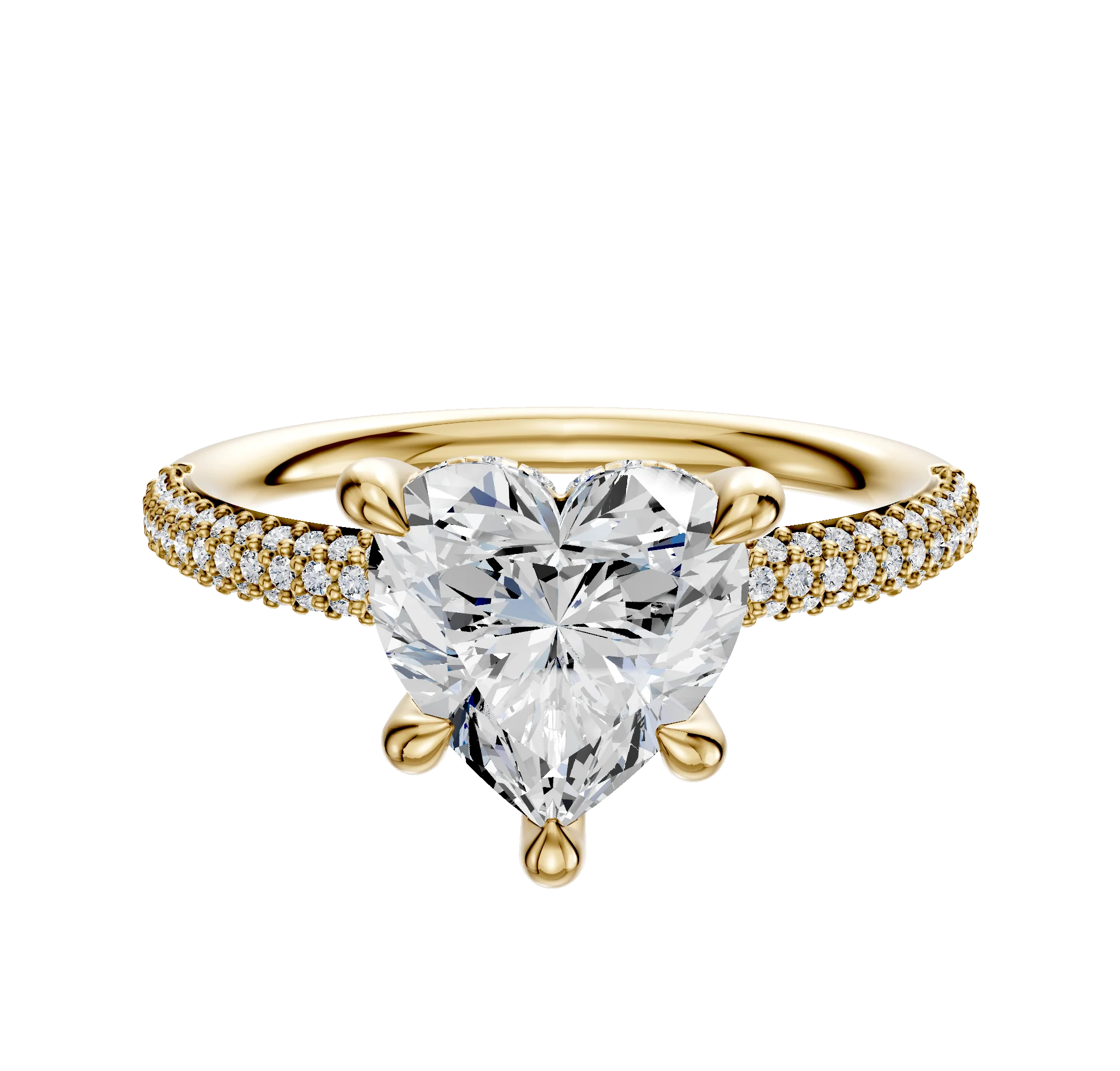 14K Yellow Gold 4 Prong Hidden Halo Classic Dome 3-Row-Pave 2.0mm Engagement Ring