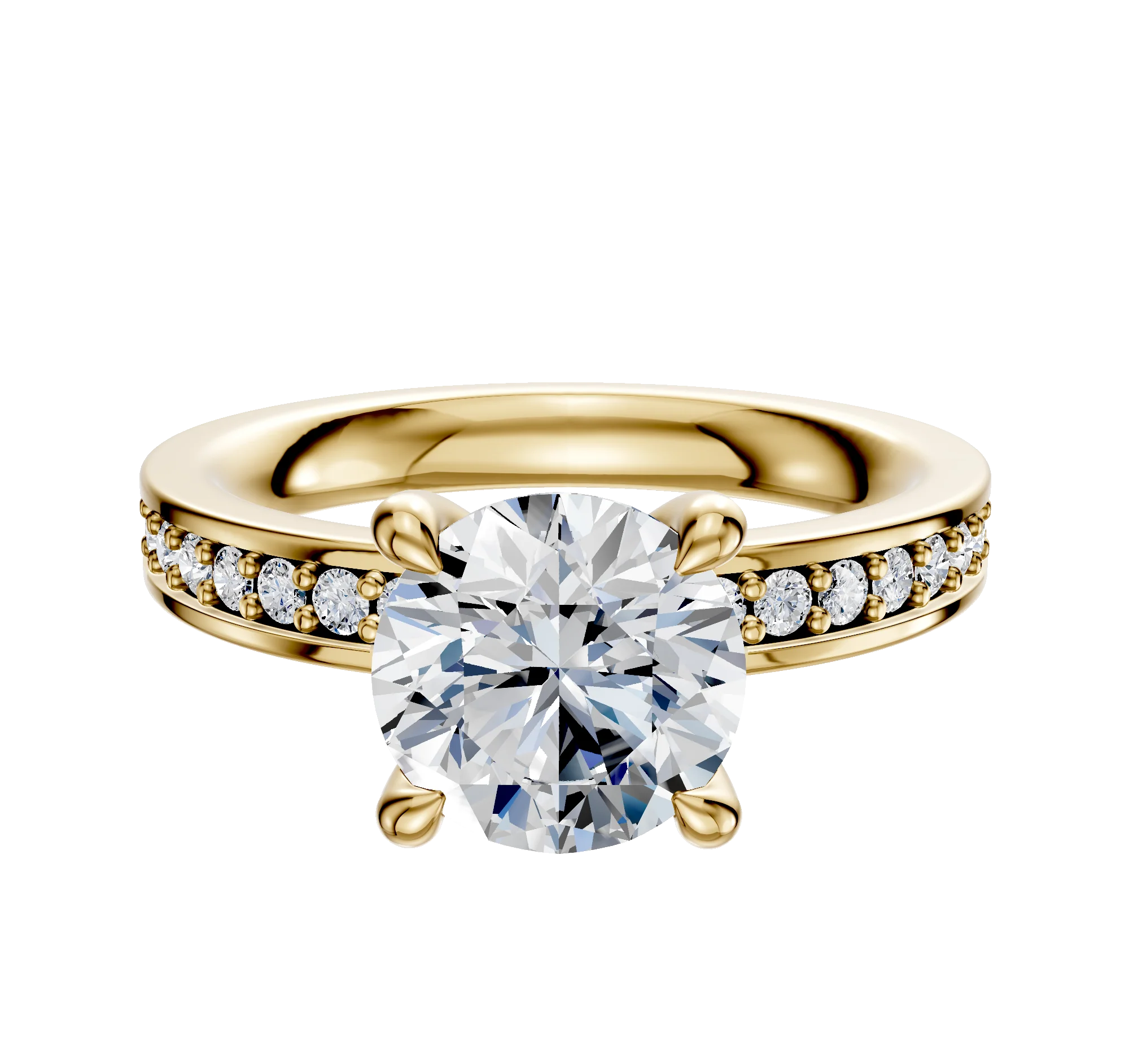 14K Yellow Gold 4 Prong Hidden Halo Classic Flat 1-Row-Pave 2.5mm Engagement Ring