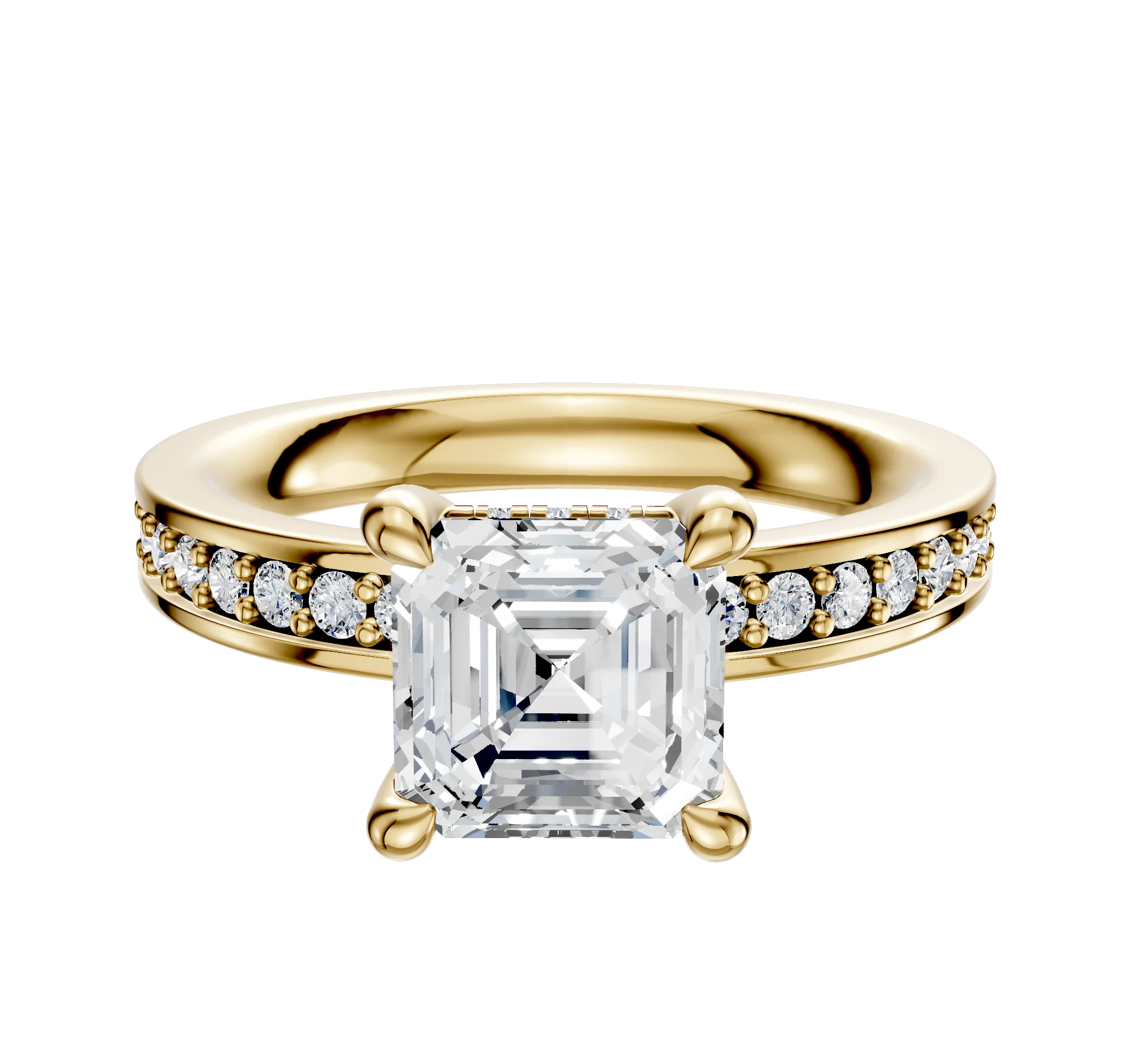 14K Yellow Gold 4 Prong Hidden Halo Classic Flat 1-Row-Pave 2.5mm Engagement Ring