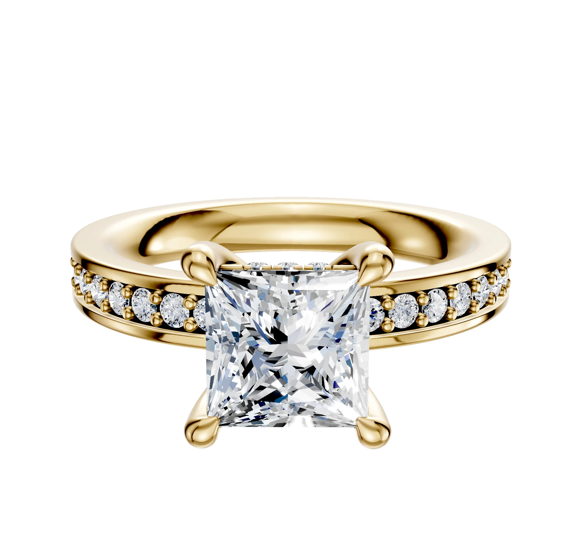 14K Yellow Gold 4 Prong Hidden Halo Classic Flat 1-Row-Pave 2.5mm Engagement Ring