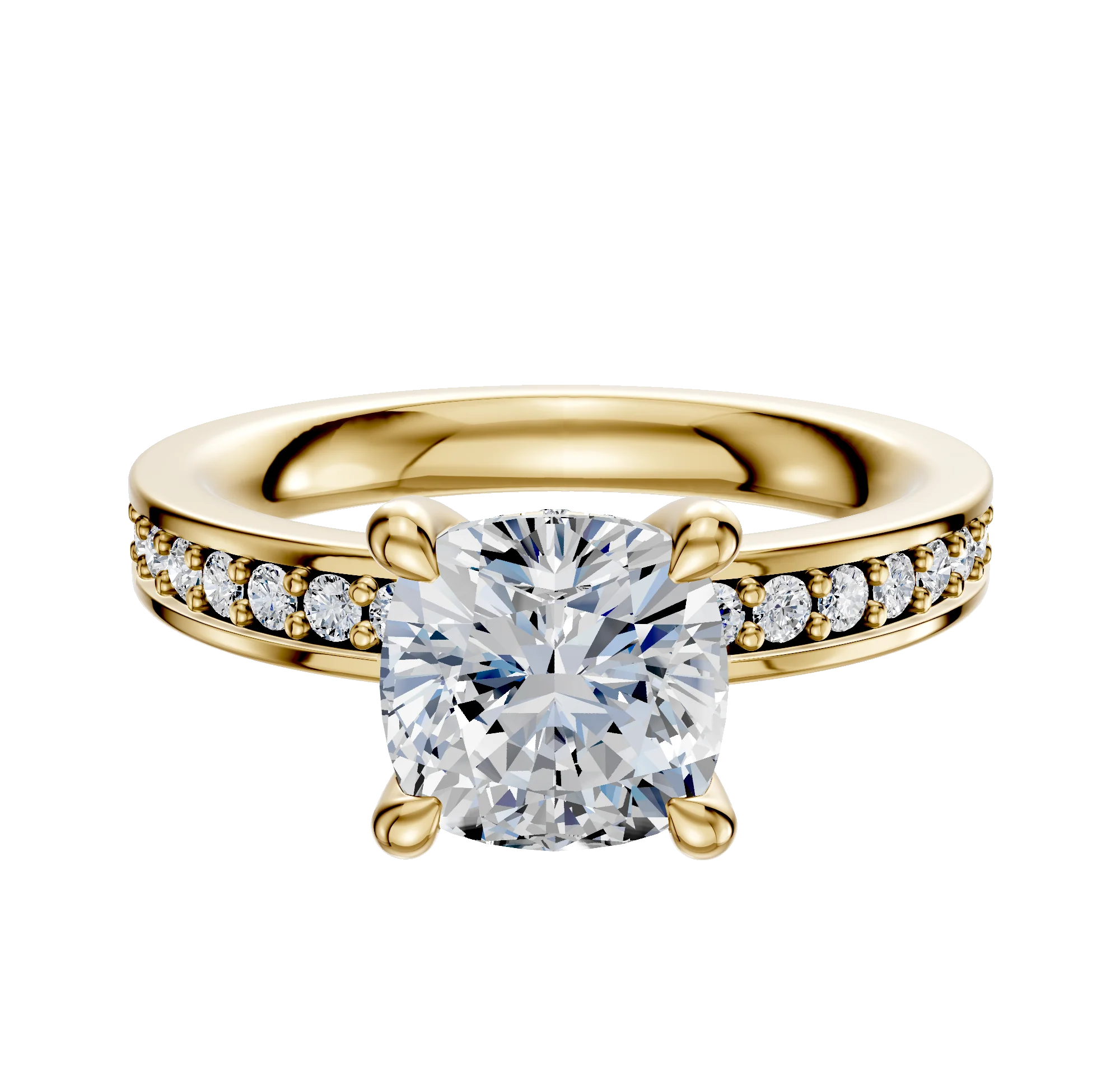14K Yellow Gold 4 Prong Hidden Halo Classic Flat 1-Row-Pave 2.5mm Engagement Ring