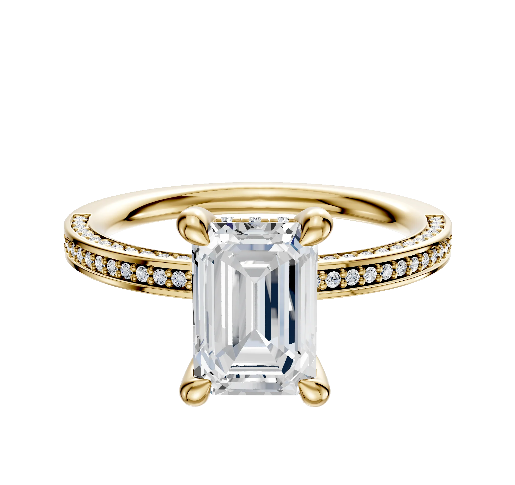 14K Yellow Gold 4 Prong Hidden Halo Classic Flat 3-Row-Pave 2.0mm Engagement Ring