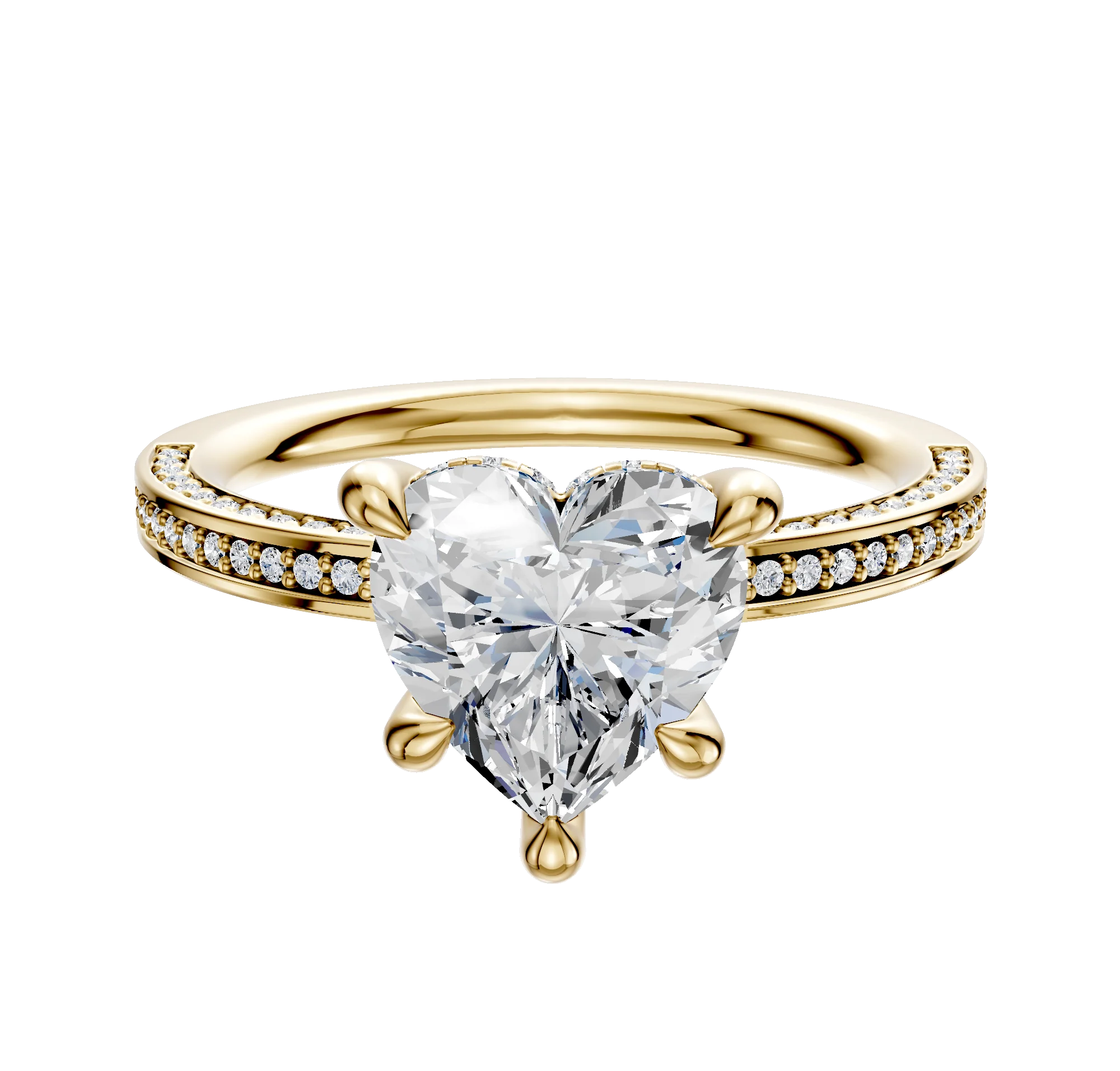 14K Yellow Gold 4 Prong Hidden Halo Classic Flat 3-Row-Pave 2.0mm Engagement Ring