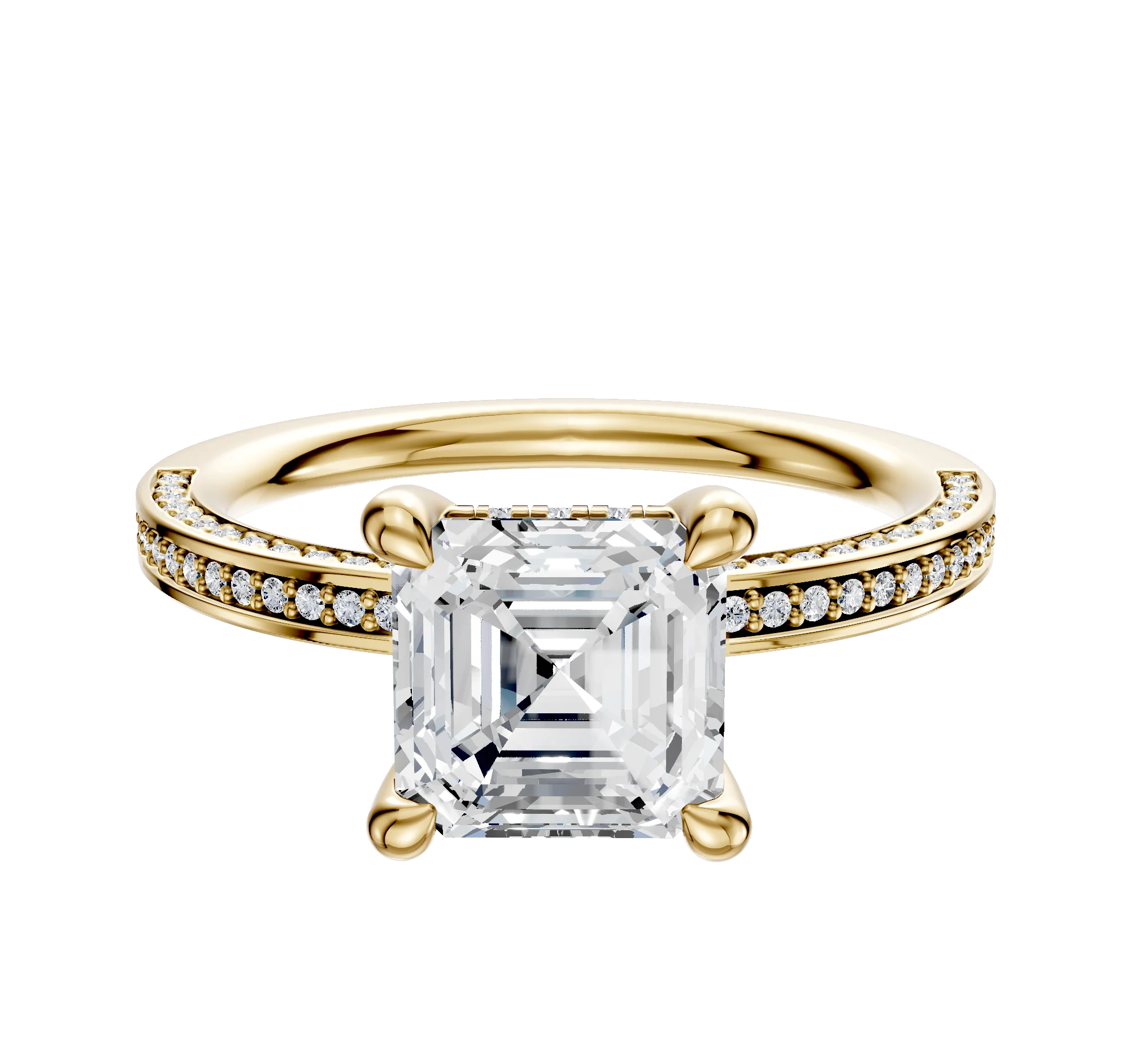 14K Yellow Gold 4 Prong Hidden Halo Classic Flat 3-Row-Pave 2.0mm Engagement Ring