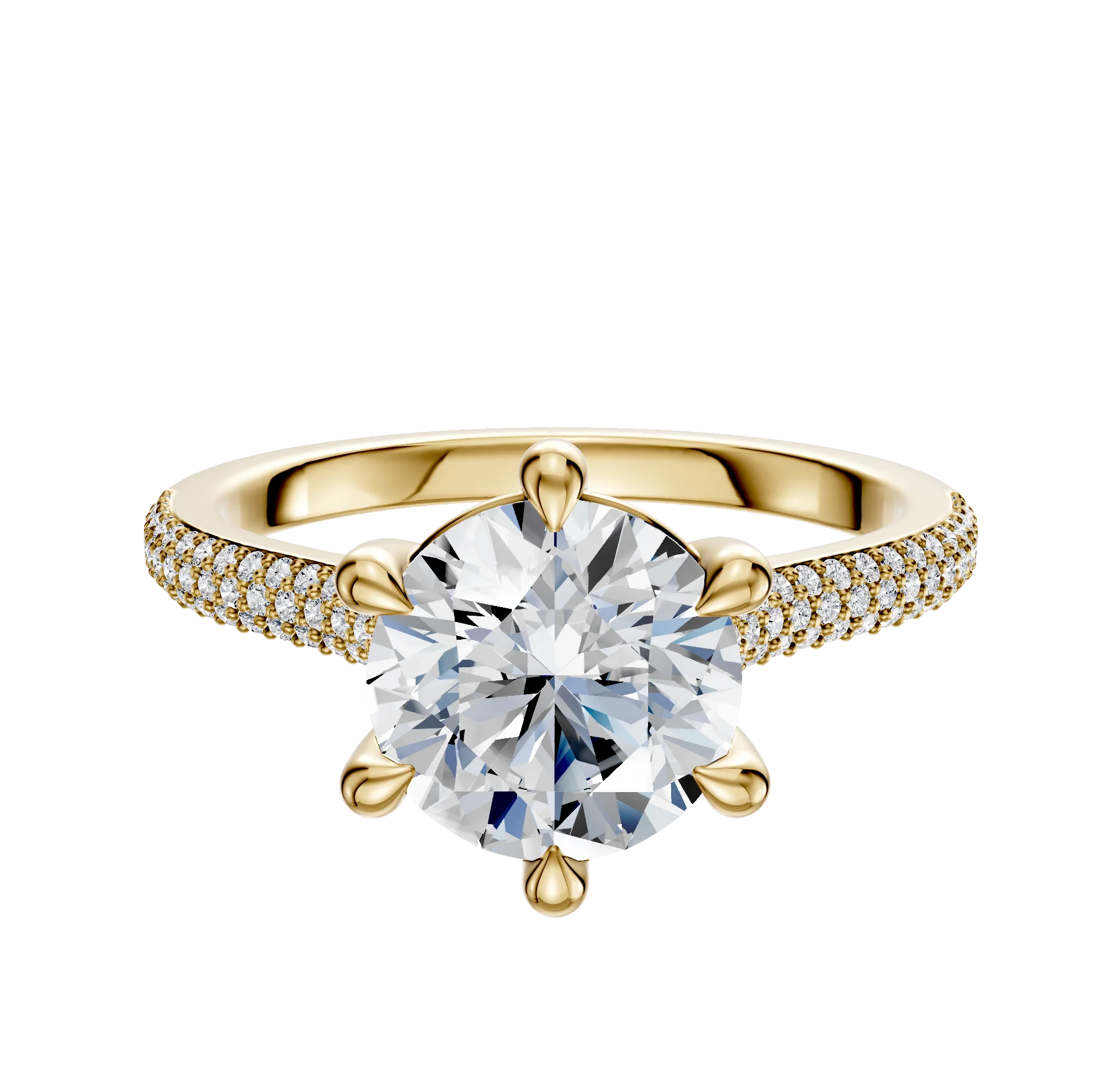 14K Yellow Gold 6 Prong Basket Cathedral Dome 3-Row-Pave 2.0mm Engagement Ring