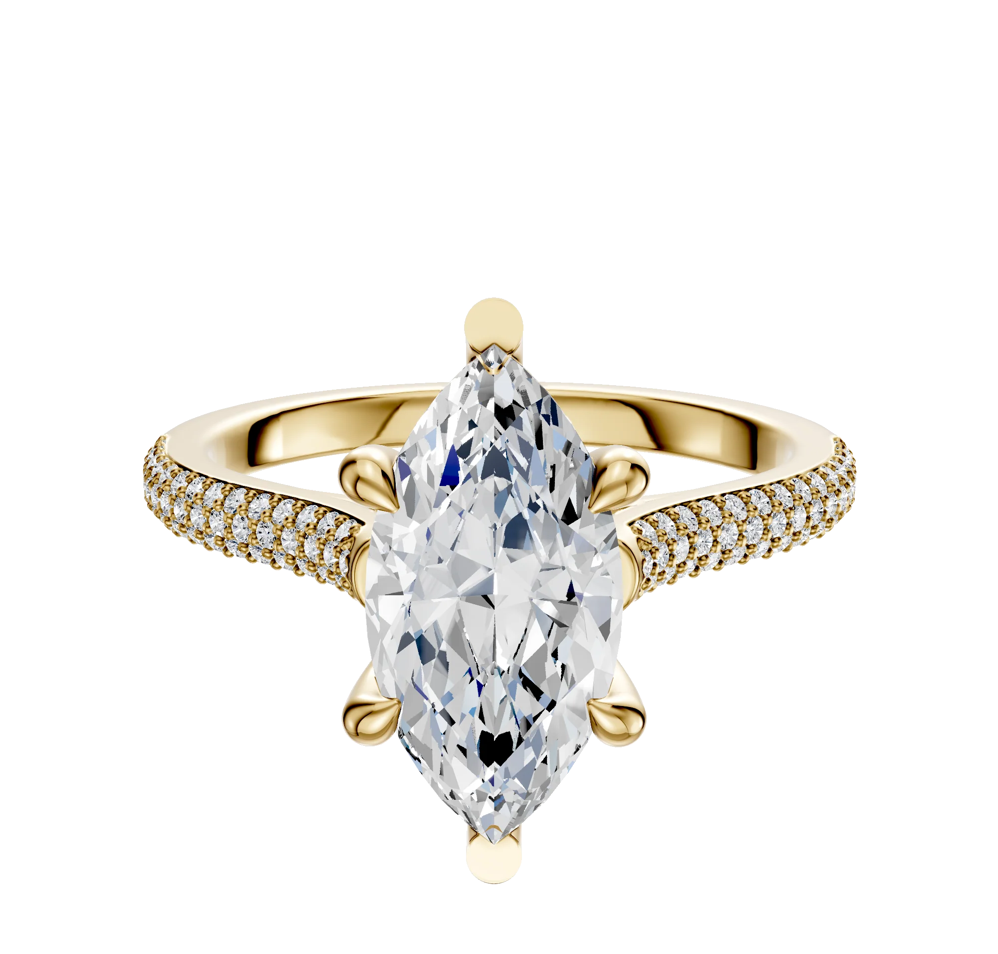 14K Yellow Gold 6 Prong Basket Cathedral Dome 3-Row-Pave 2.0mm Engagement Ring