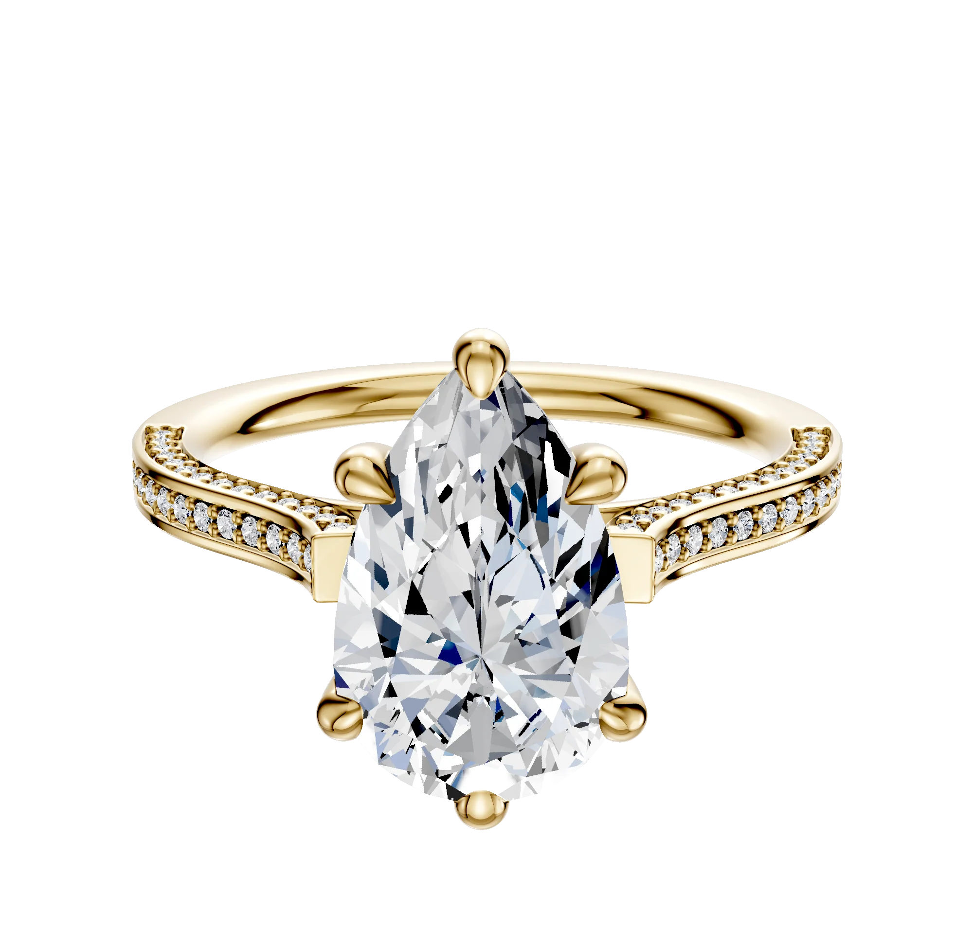 14K Yellow Gold 6 Prong Basket Cathedral Flat 3-Row-Pave 2.0mm Engagement Ring
