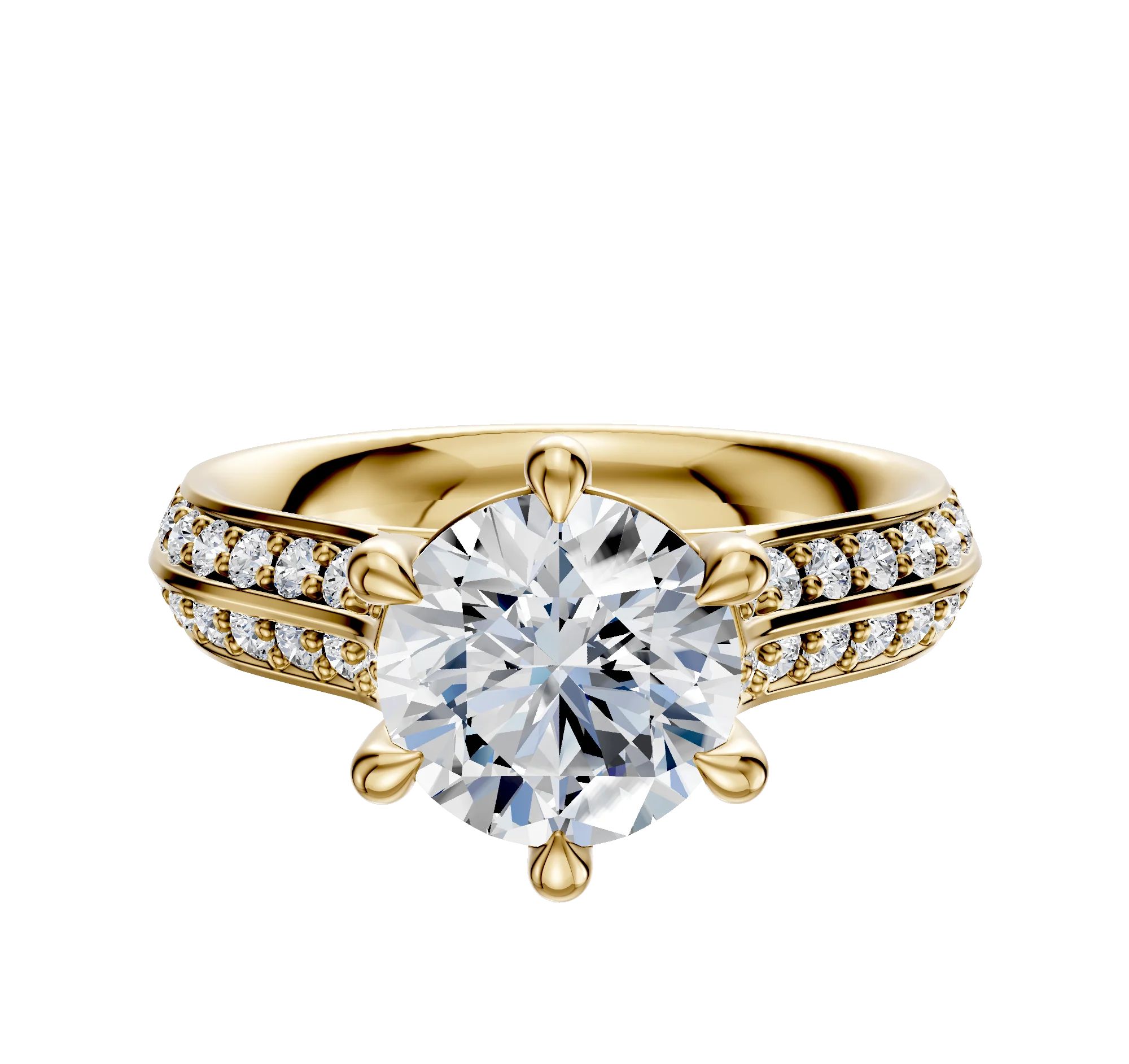 14K Yellow Gold 6 Prong Basket Cathedral Knife Edge 1-Row-Pave 2.5mm Engagement Ring