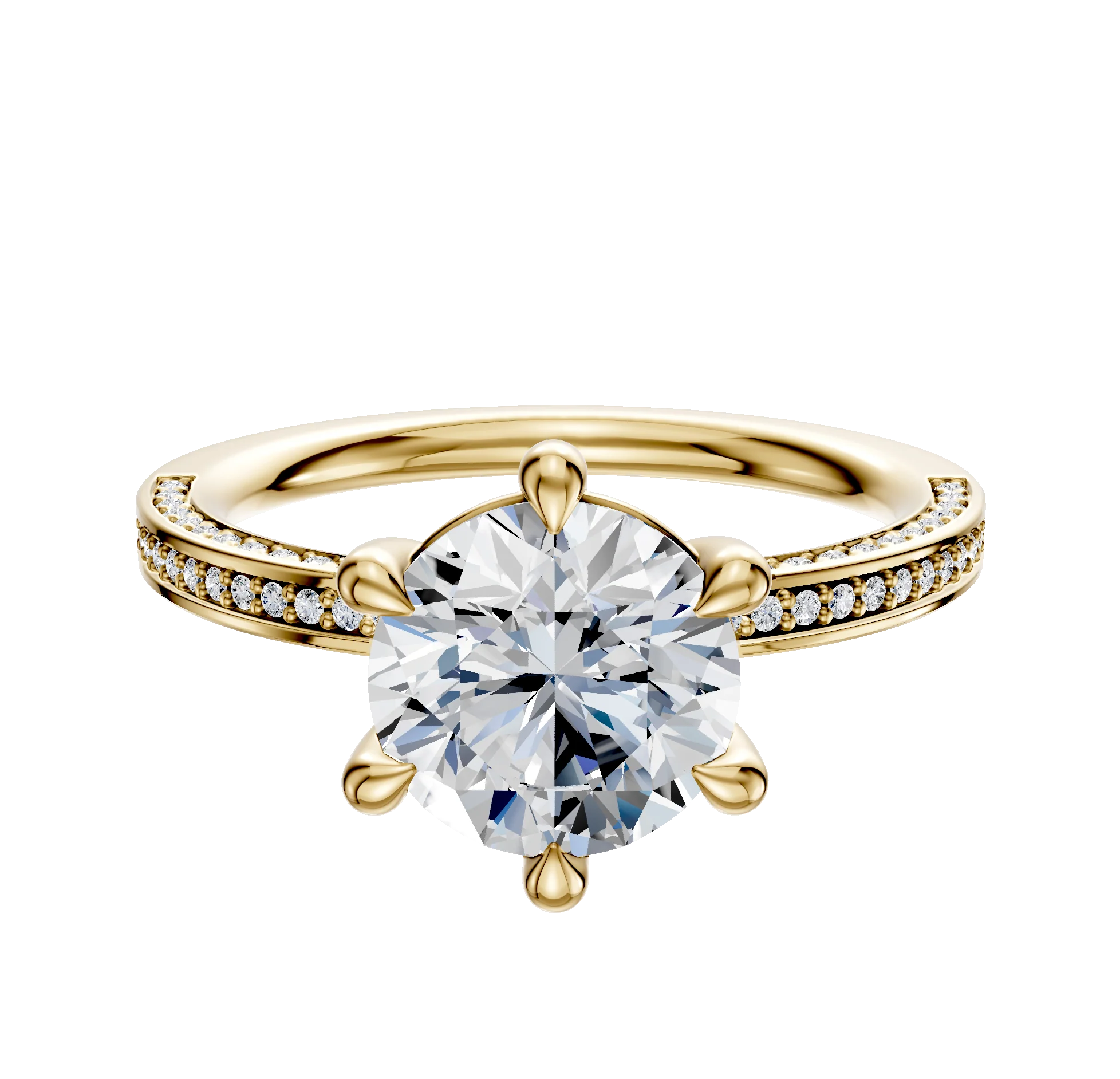 14K Yellow Gold 6 Prong Basket Classic Flat 3-Row-Pave 2.0mm Engagement Ring