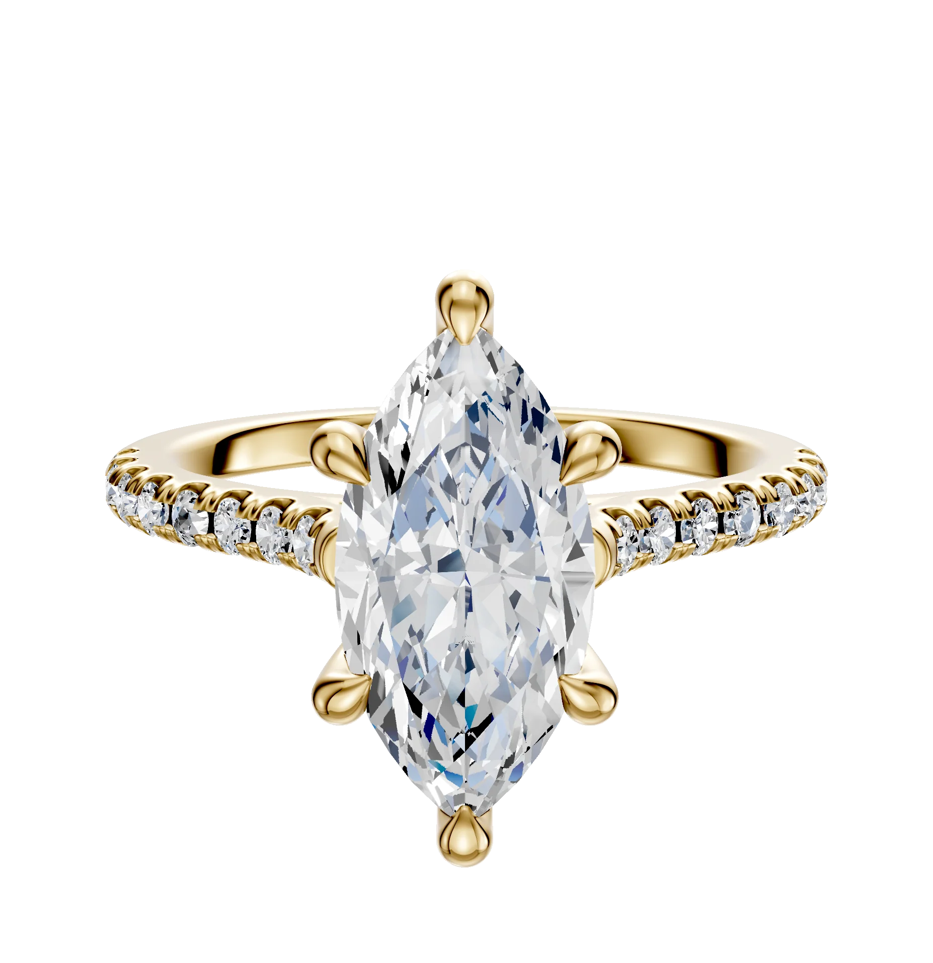 14K Yellow Gold 6 Prong Hidden Halo Cathedral Dome 1-Row-Pave 2.5mm Engagement Ring