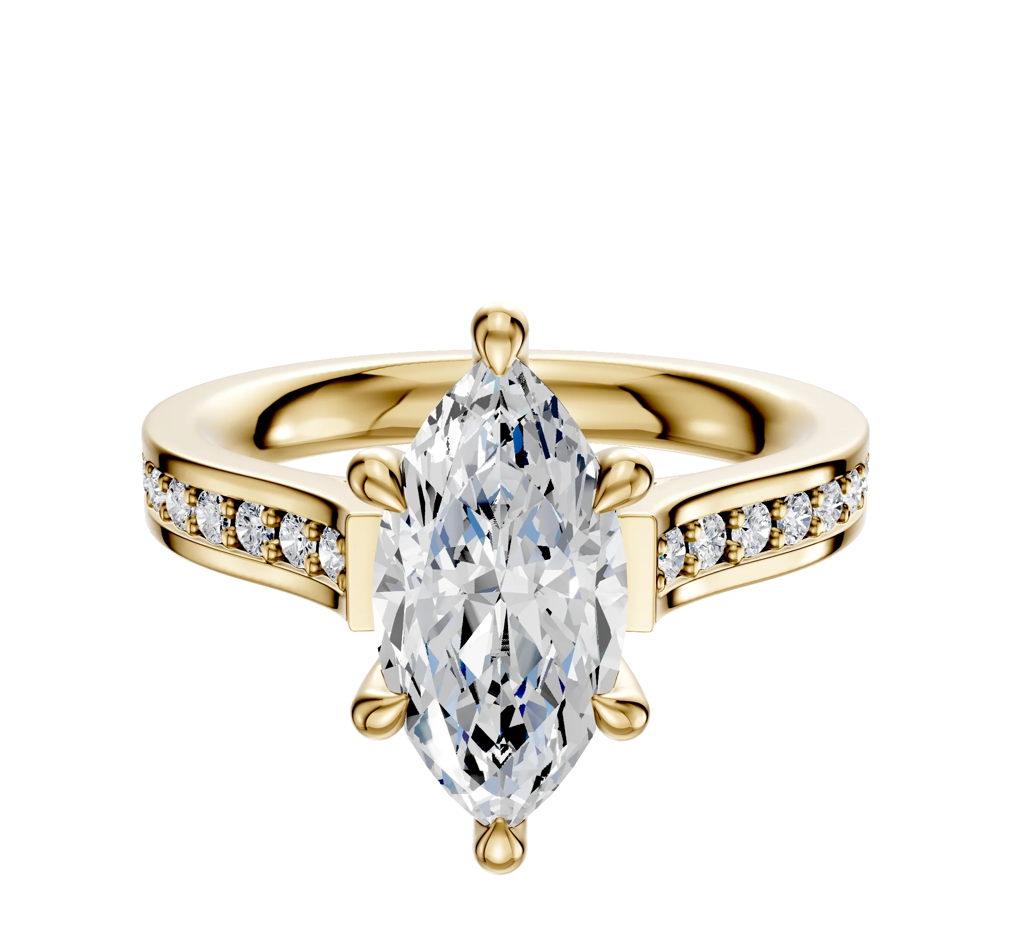 14K Yellow Gold 6 Prong Hidden Halo Cathedral Flat 1-Row-Pave 2.5mm Engagement Ring