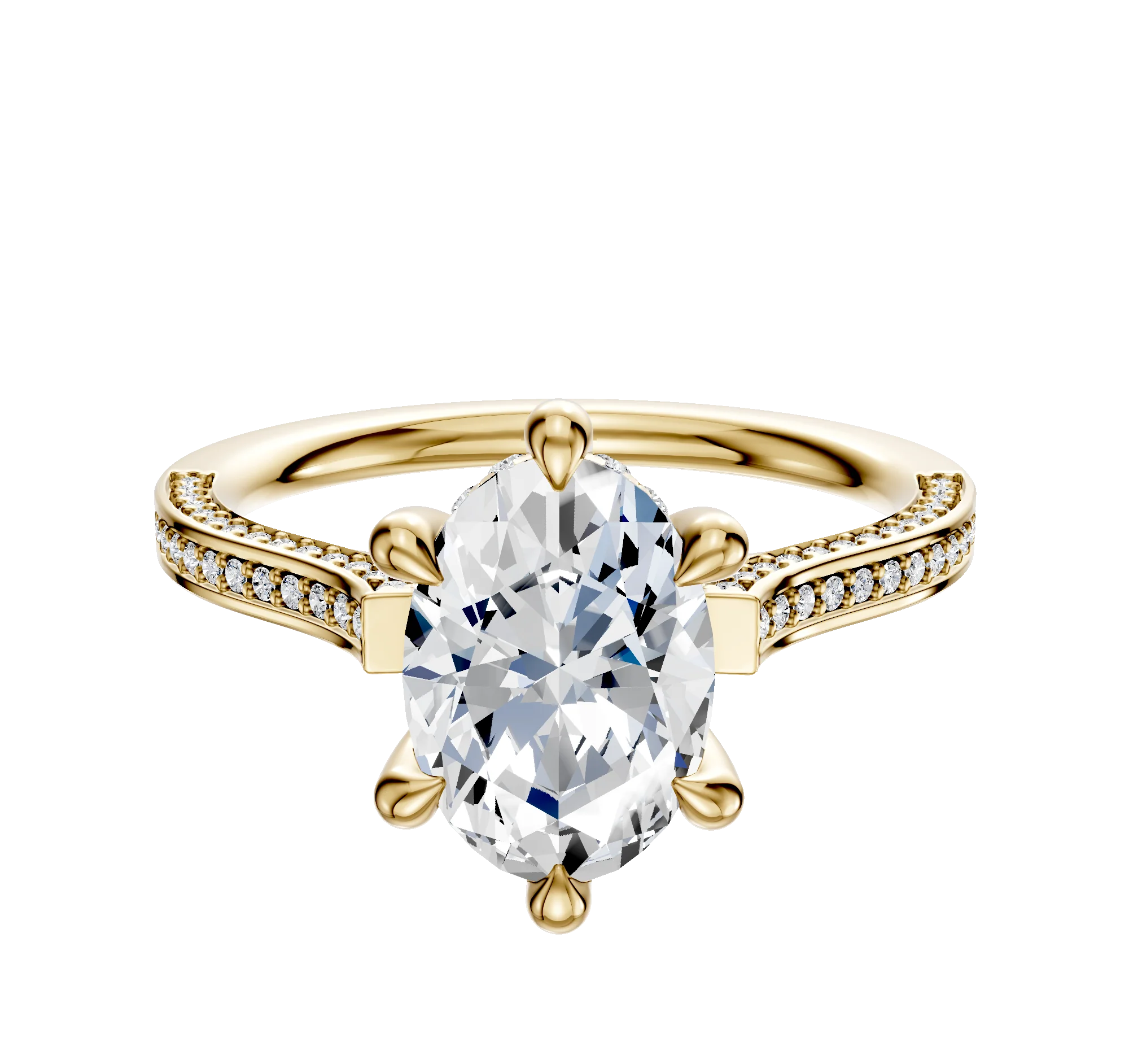 14K Yellow Gold 6 Prong Hidden Halo Cathedral Flat 3-Row-Pave 2.0mm Engagement Ring