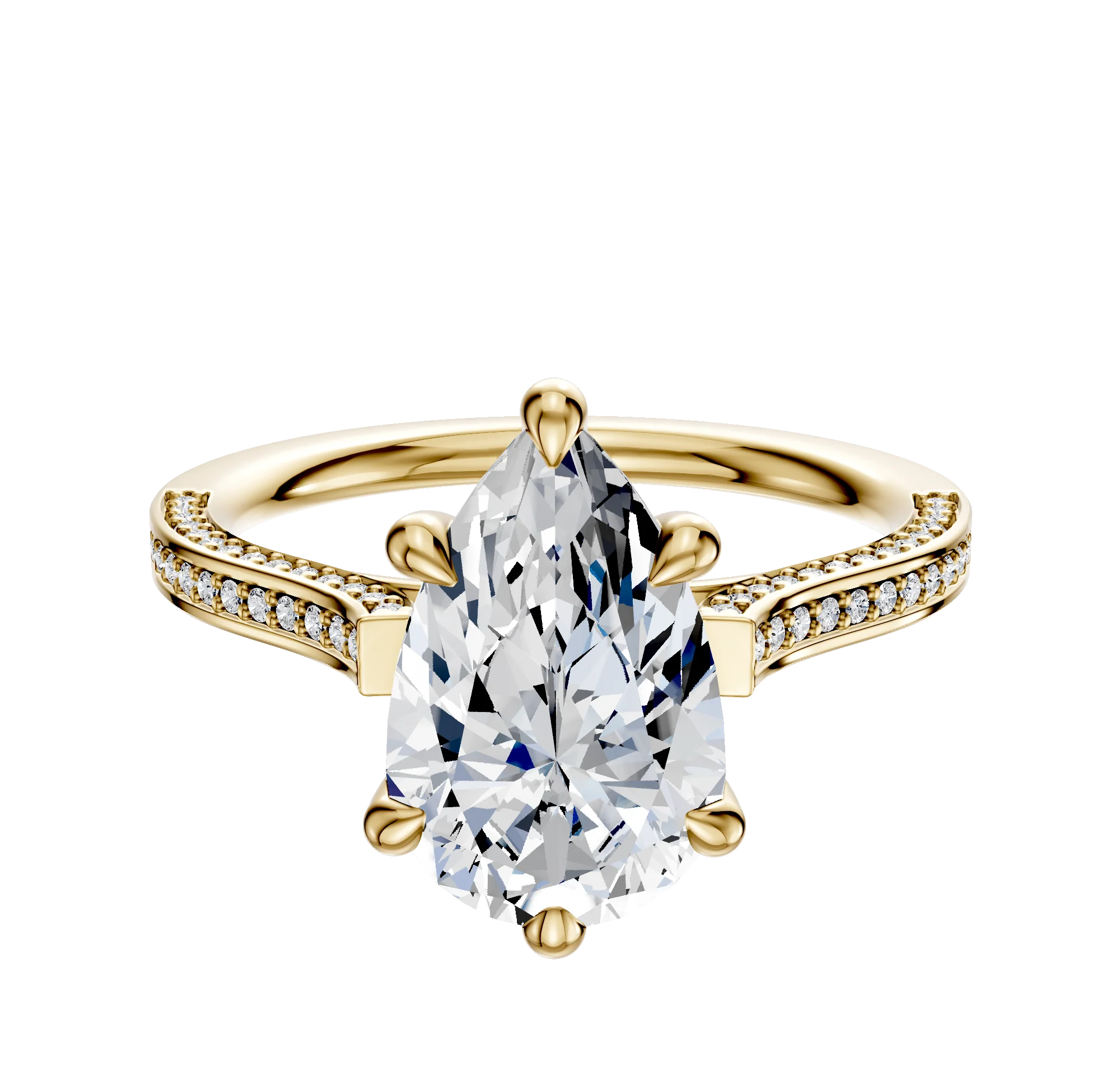 14K Yellow Gold 6 Prong Hidden Halo Cathedral Flat 3-Row-Pave 2.0mm Engagement Ring