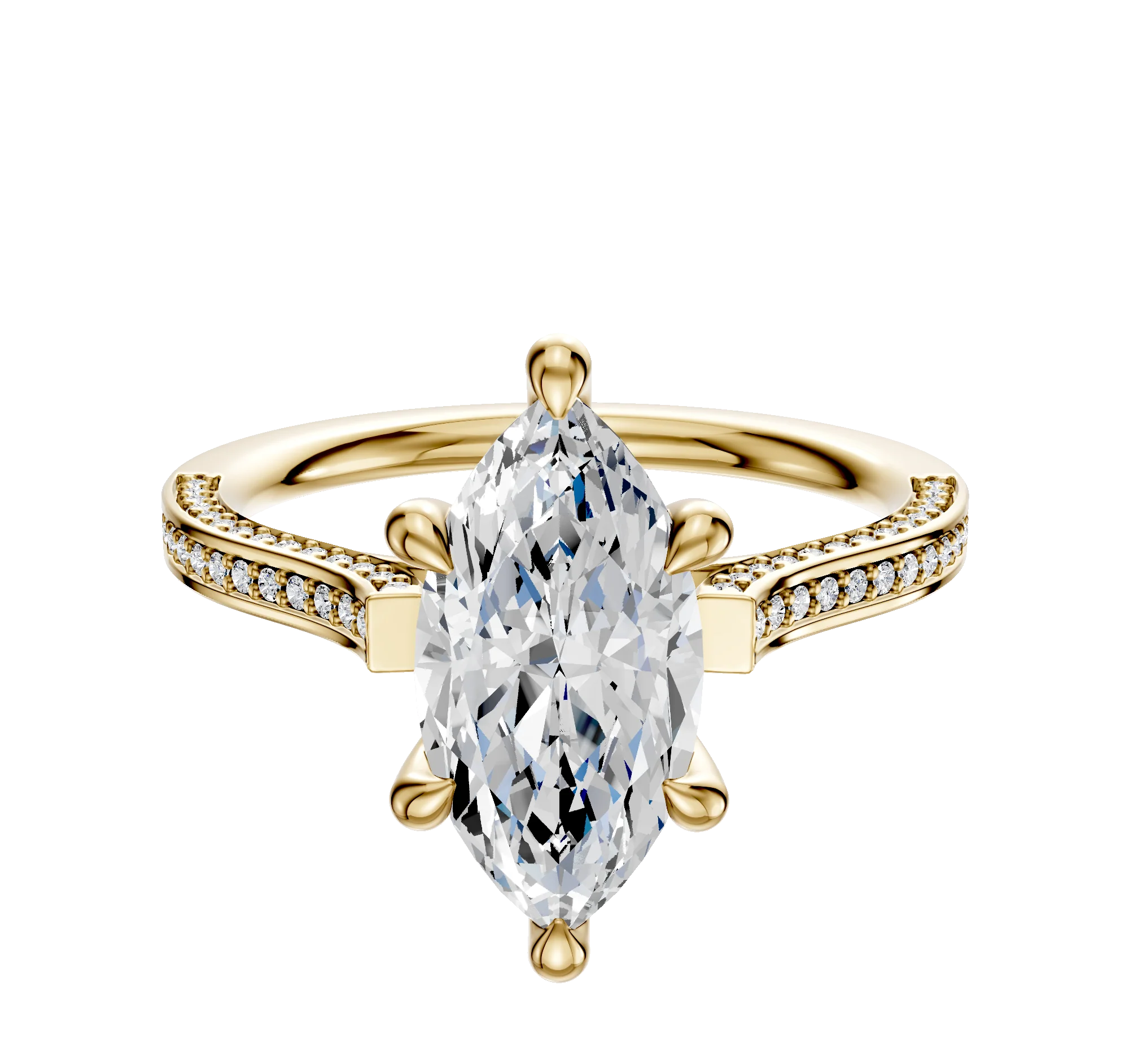 14K Yellow Gold 6 Prong Hidden Halo Cathedral Flat 3-Row-Pave 2.0mm Engagement Ring