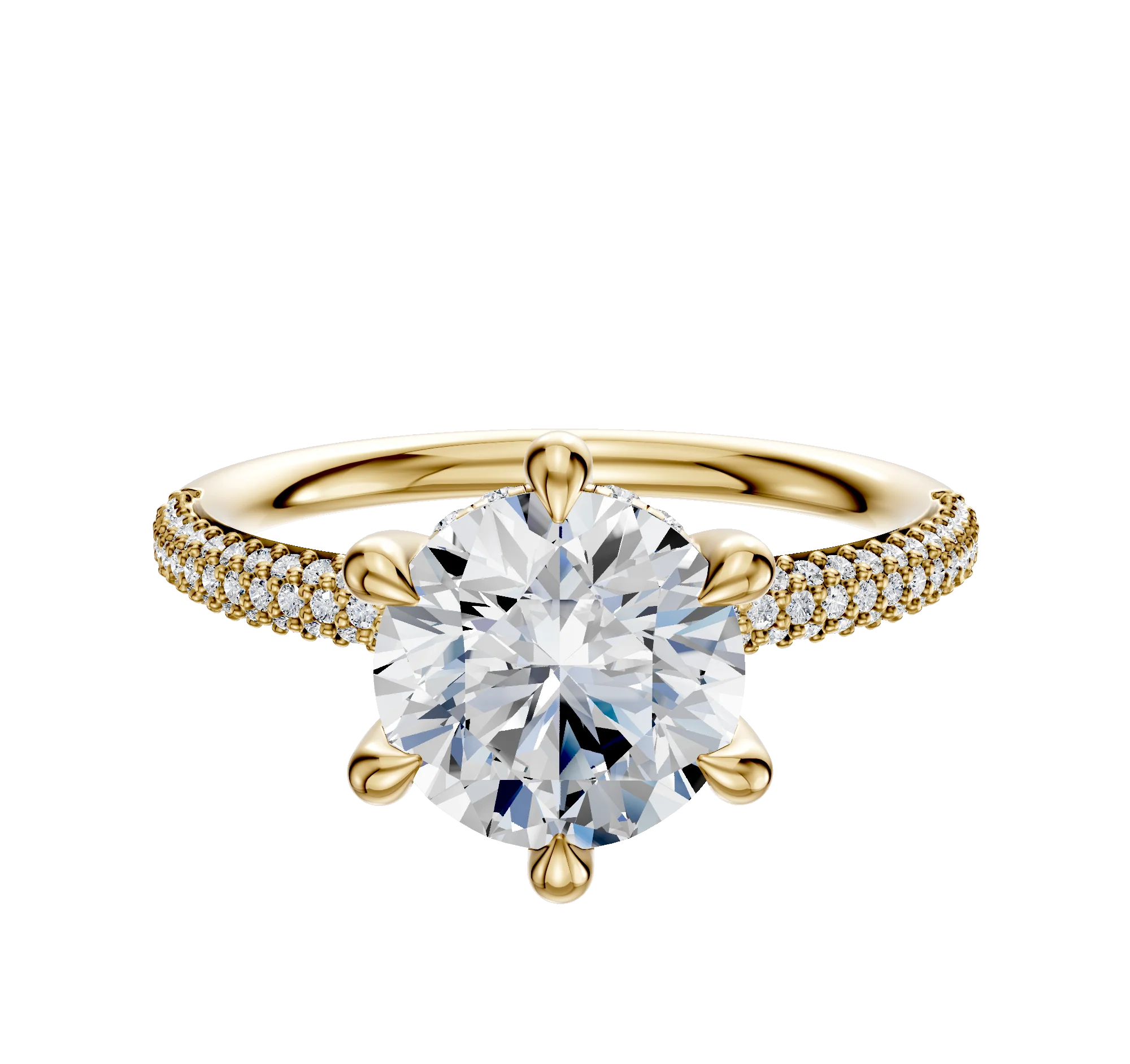 14K Yellow Gold 6 Prong Hidden Halo Classic Dome 3-Row-Pave 2.0mm Engagement Ring