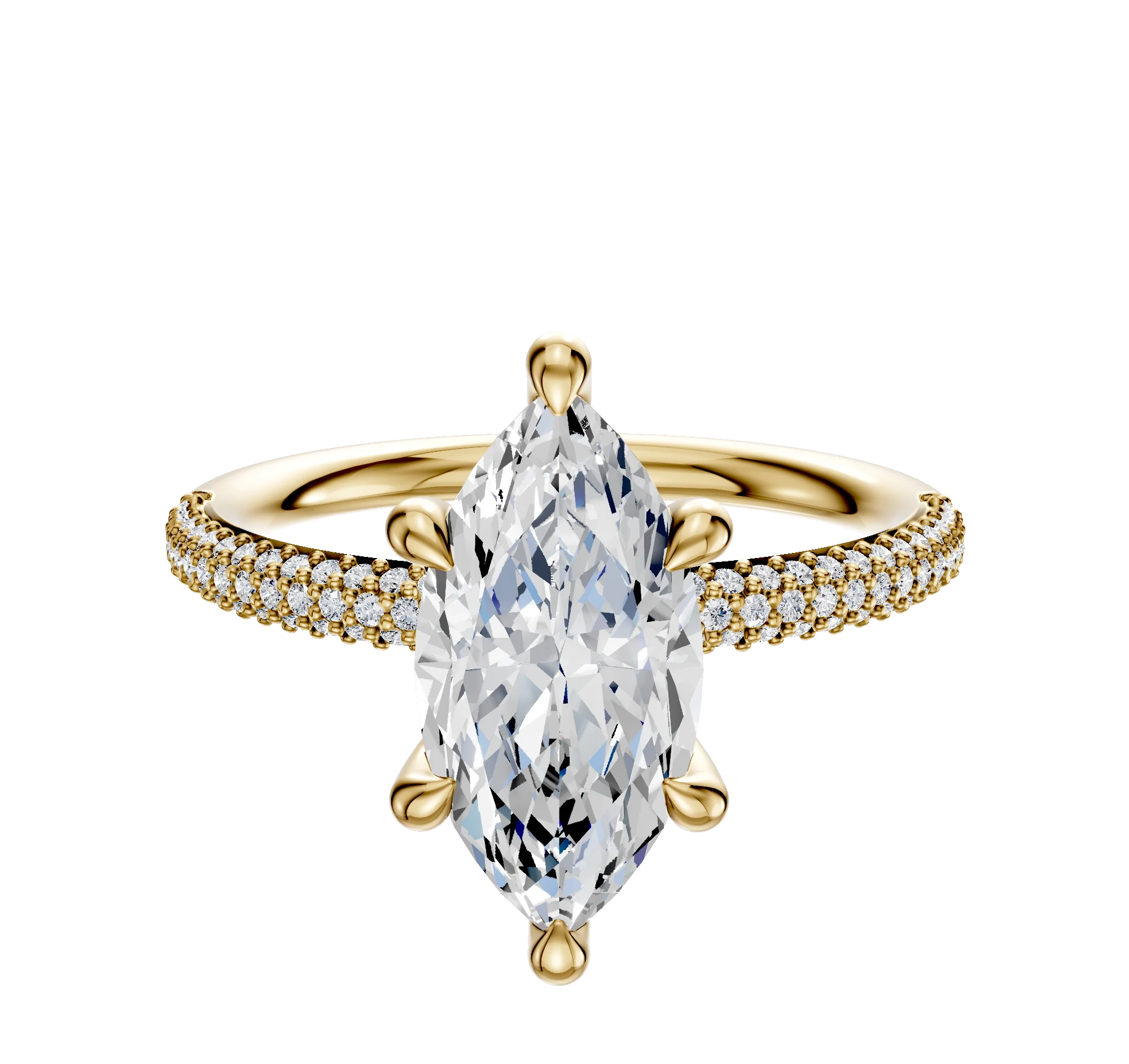 14K Yellow Gold 6 Prong Hidden Halo Classic Dome 3-Row-Pave 2.0mm Engagement Ring