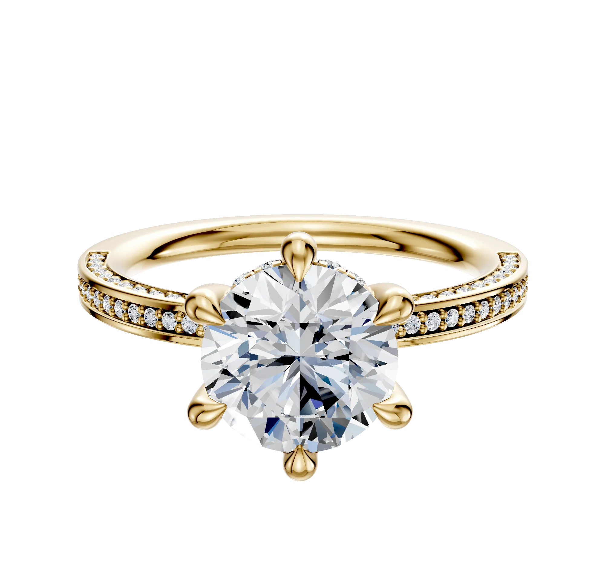 14K Yellow Gold 6 Prong Hidden Halo Classic Flat 3-Row-Pave 2.0mm Engagement Ring