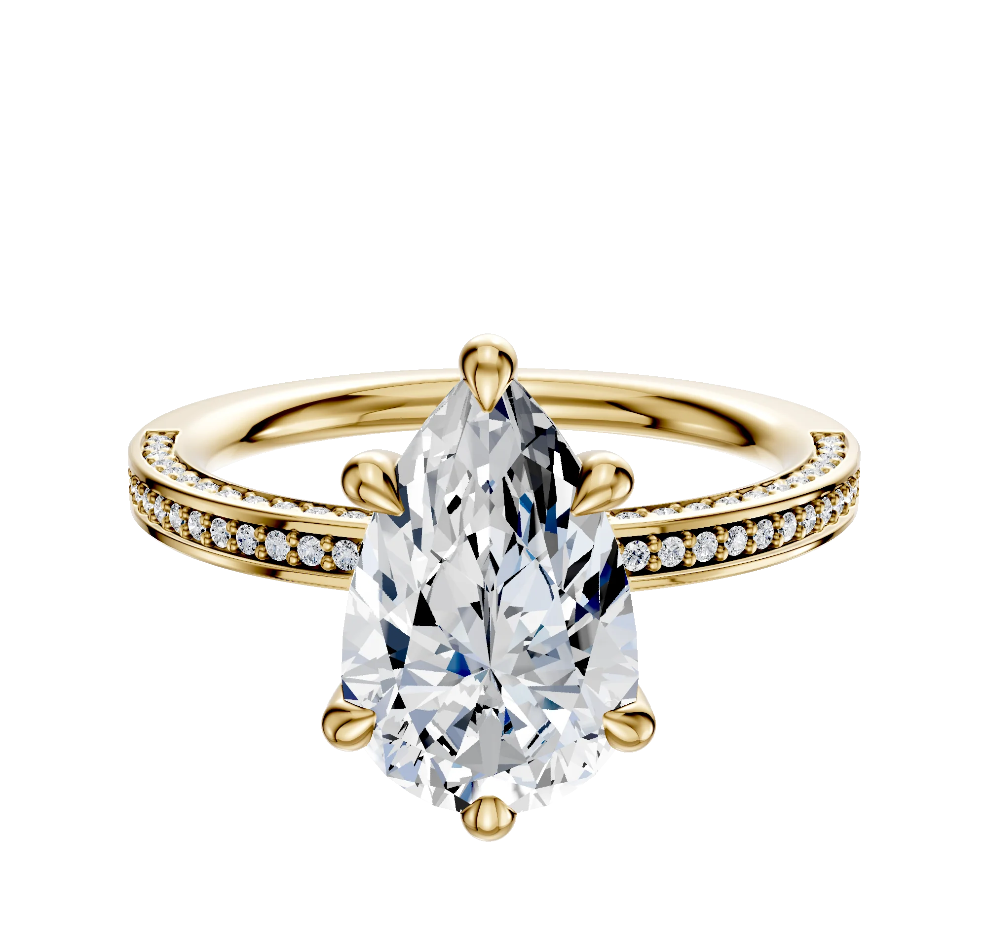 14K Yellow Gold 6 Prong Hidden Halo Classic Flat 3-Row-Pave 2.0mm Engagement Ring