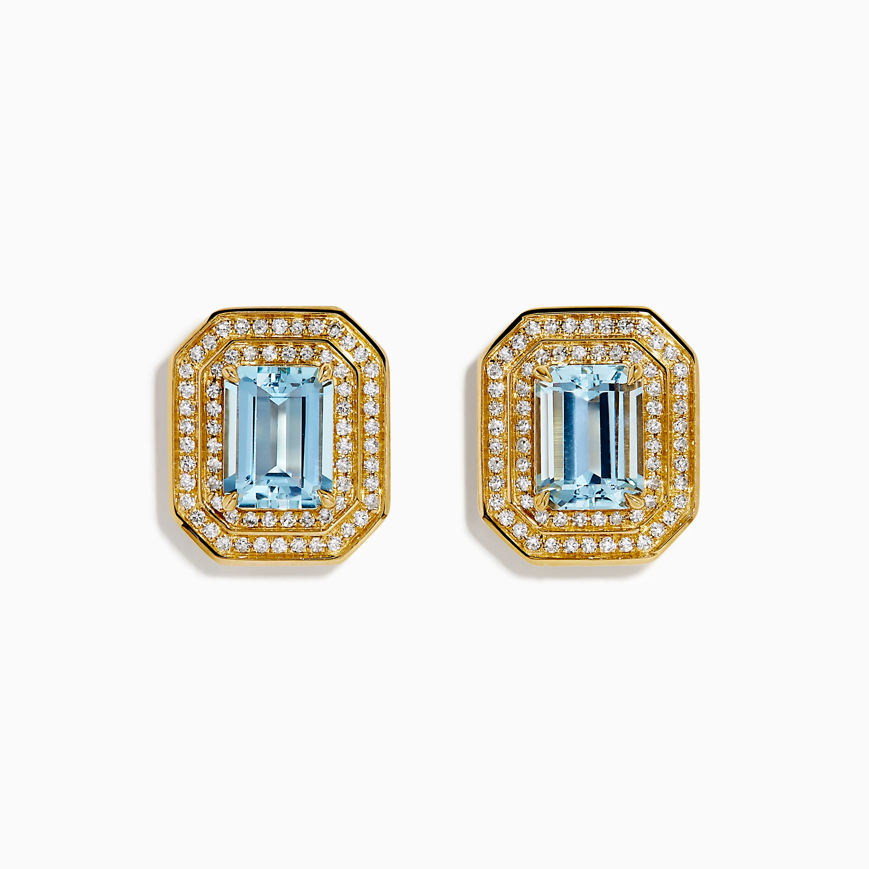 14K Yellow Gold Aquamarine and Diamond Double Halo Earrings