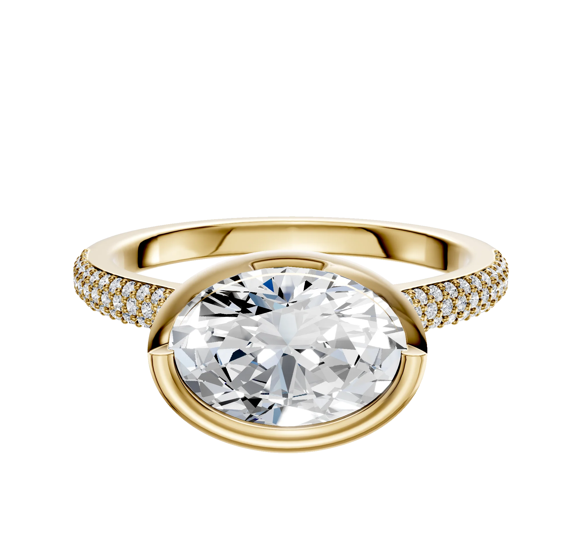 14K Yellow Gold Bezel Full Bezel East/West Cathedral Dome 3-Row-Pave 2.0mm Engagement Ring
