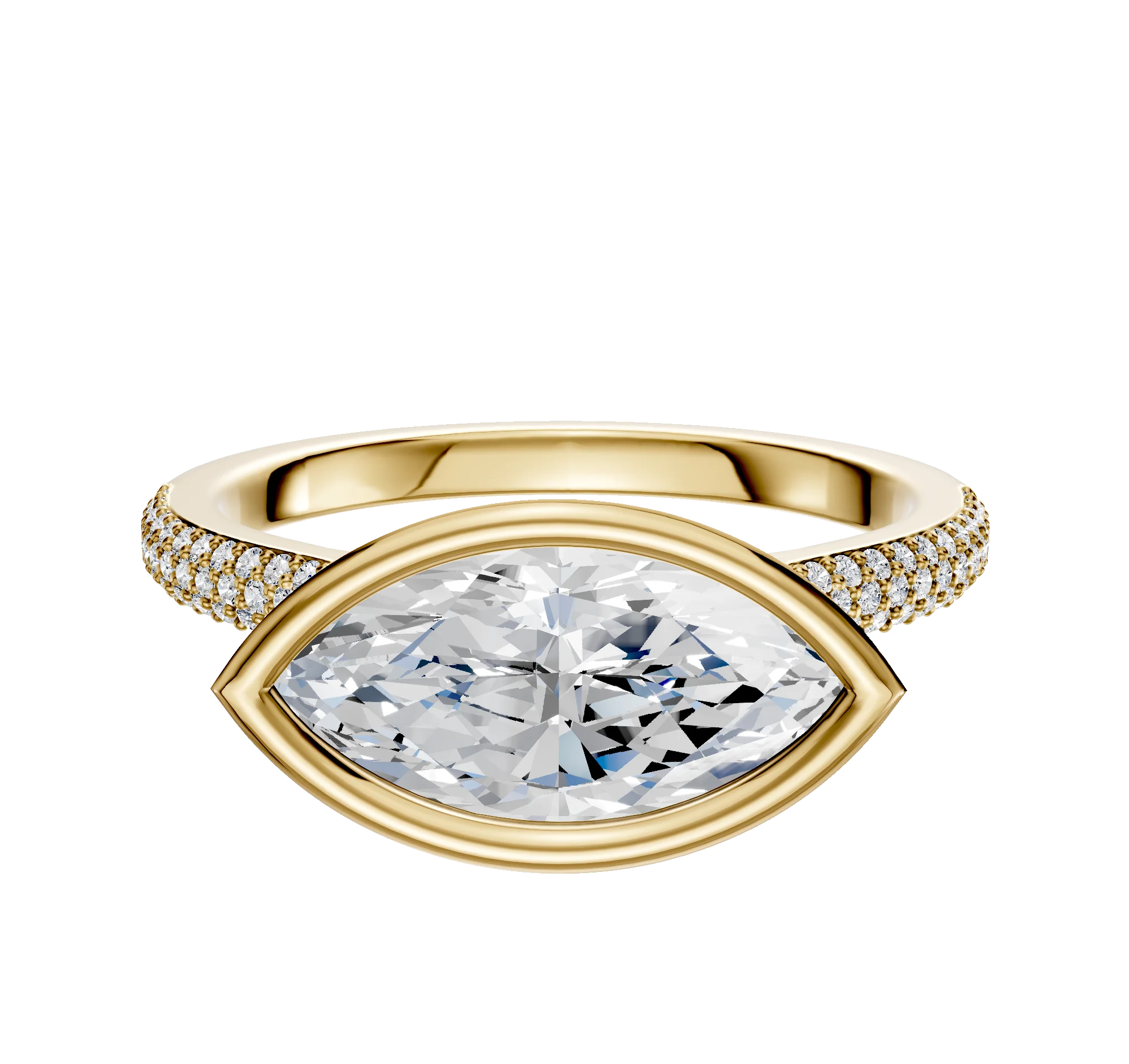 14K Yellow Gold Bezel Full Bezel East/West Cathedral Dome 3-Row-Pave 2.0mm Engagement Ring