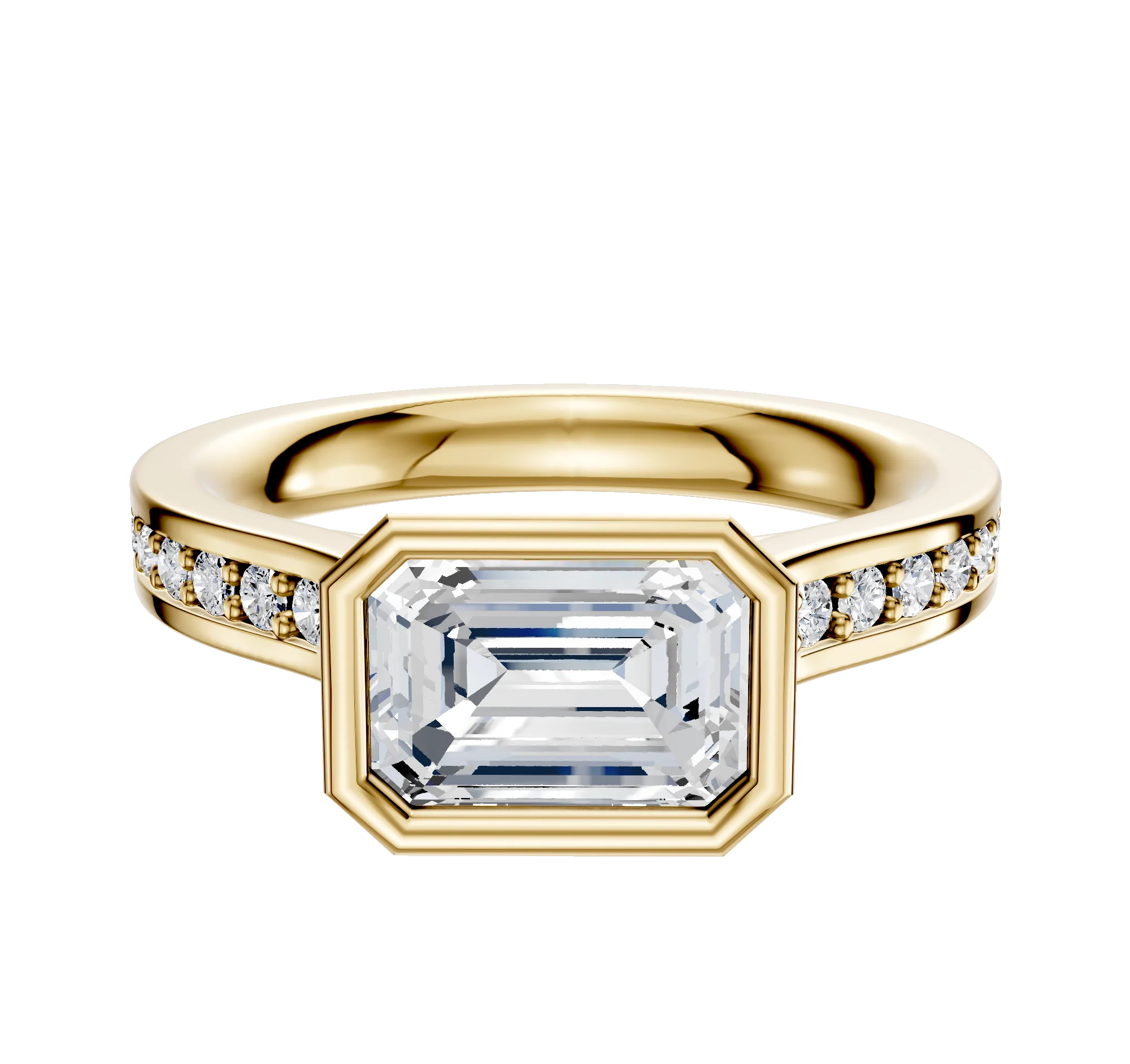 14K Yellow Gold Bezel Full Bezel East/West Cathedral Flat 1-Row-Pave 2.5mm Engagement Ring