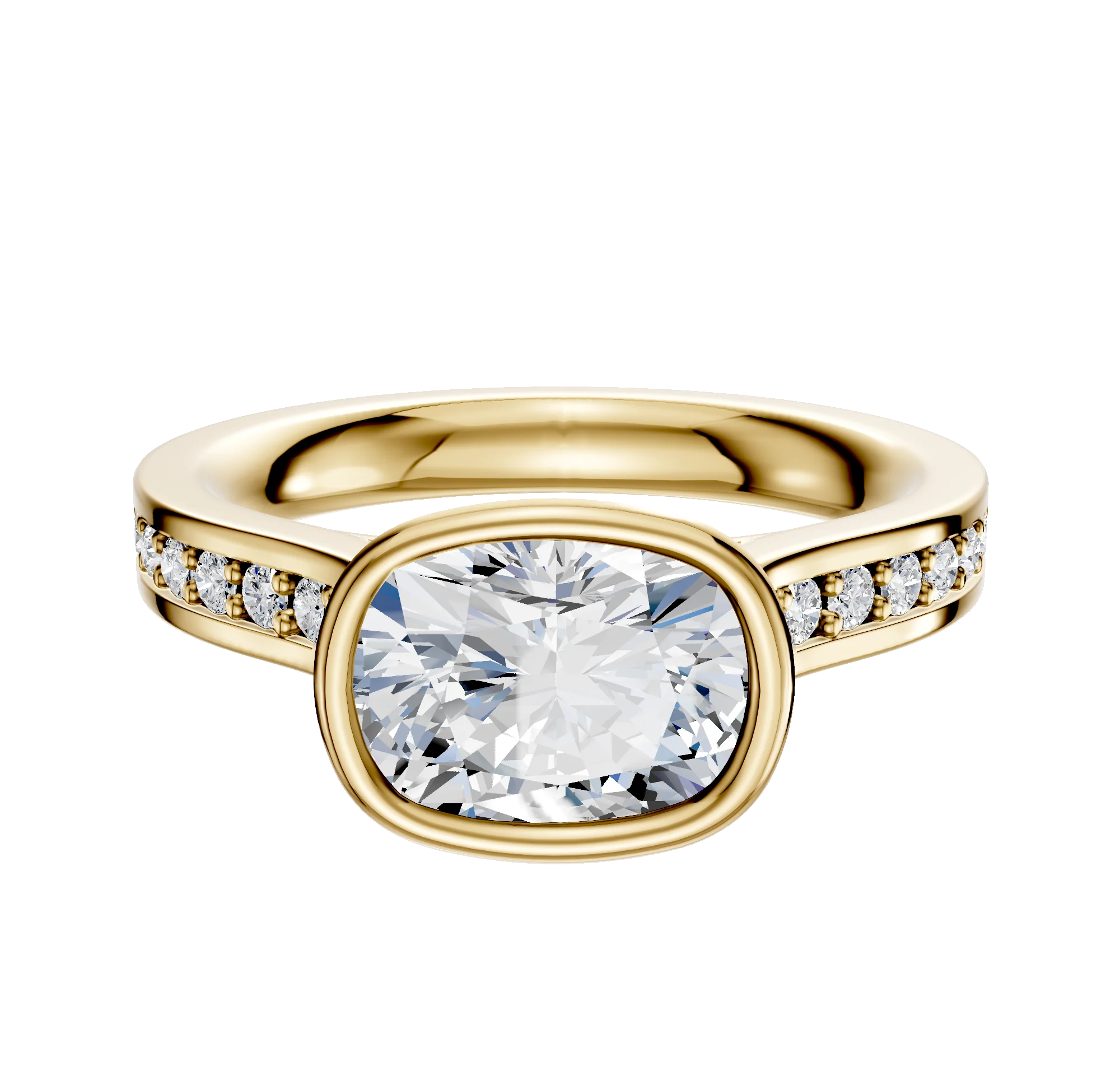 14K Yellow Gold Bezel Full Bezel East/West Cathedral Flat 1-Row-Pave 2.5mm Engagement Ring