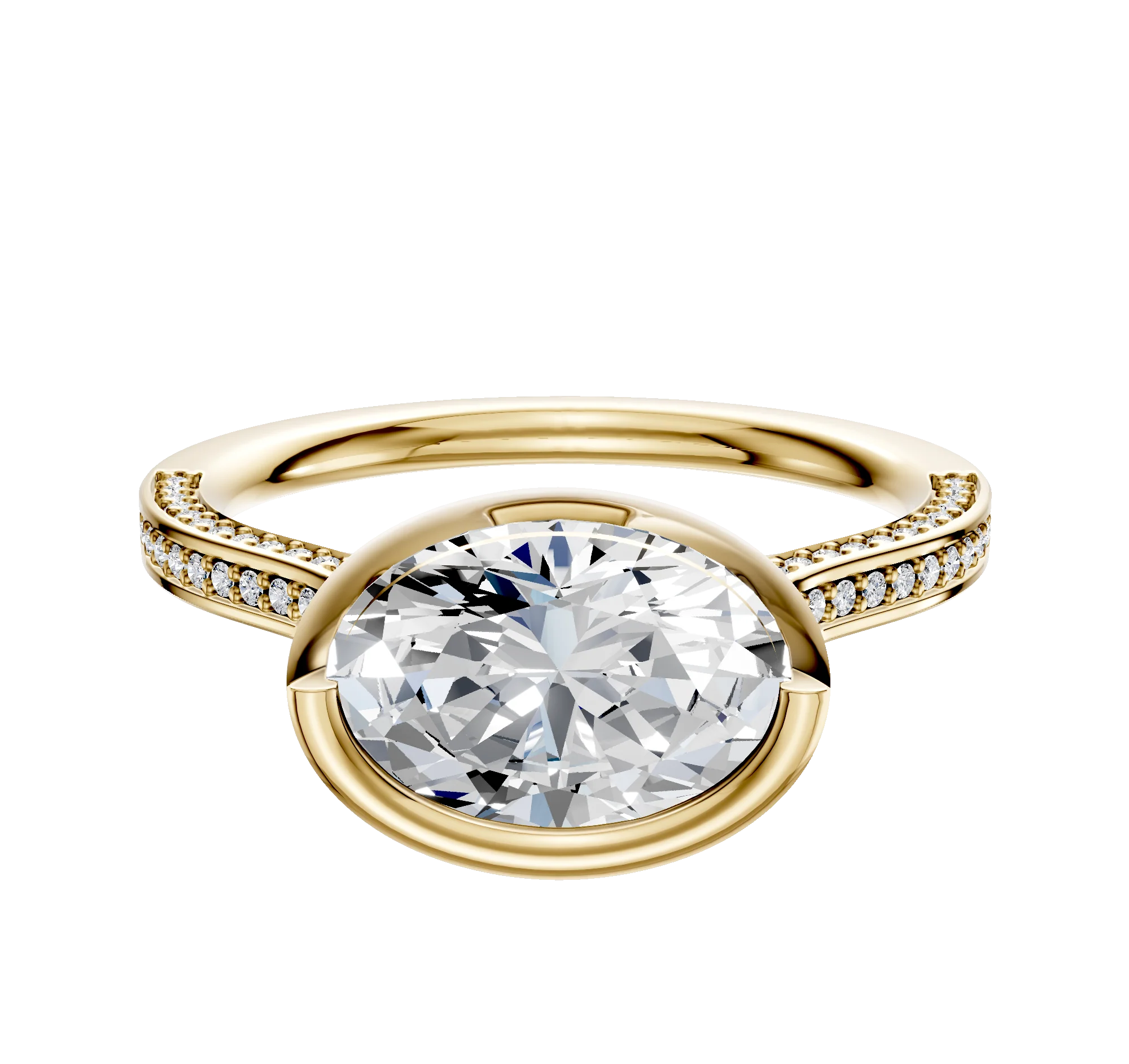 14K Yellow Gold Bezel Full Bezel East/West Cathedral Flat 3-Row-Pave 2.0mm Engagement Ring