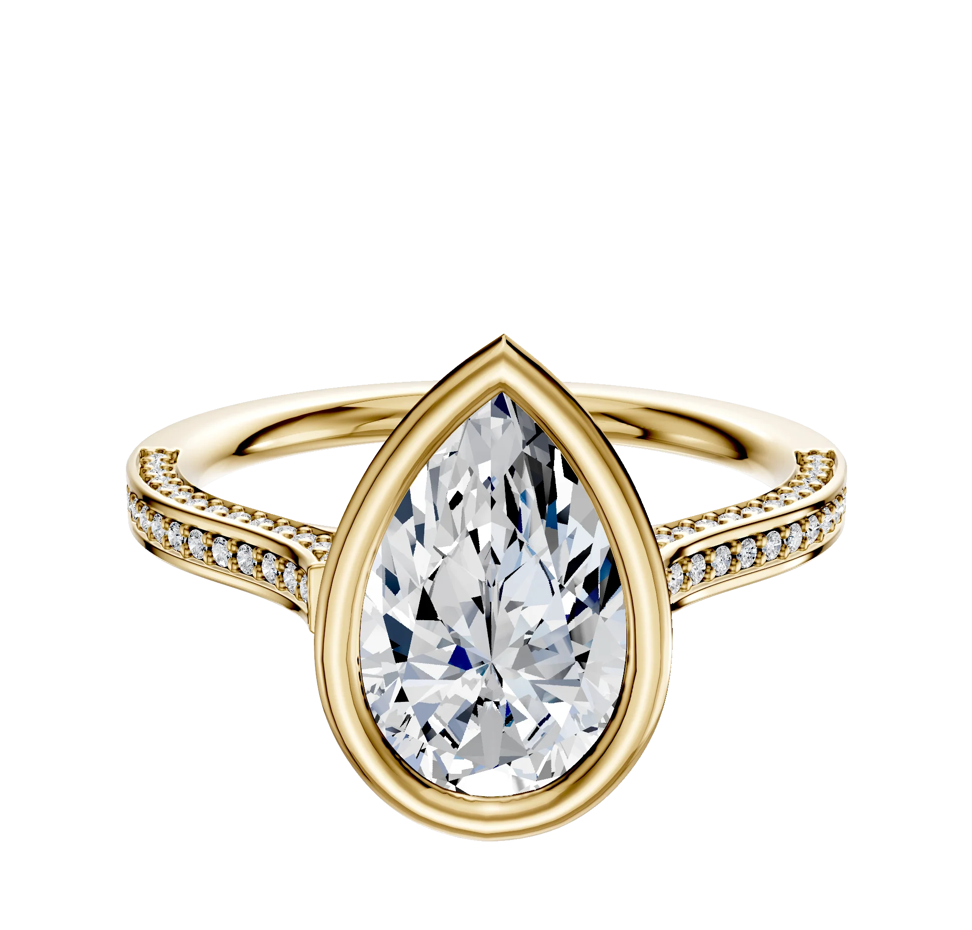 14K Yellow Gold Bezel Full Bezel East/West Cathedral Flat 3-Row-Pave 2.0mm Engagement Ring