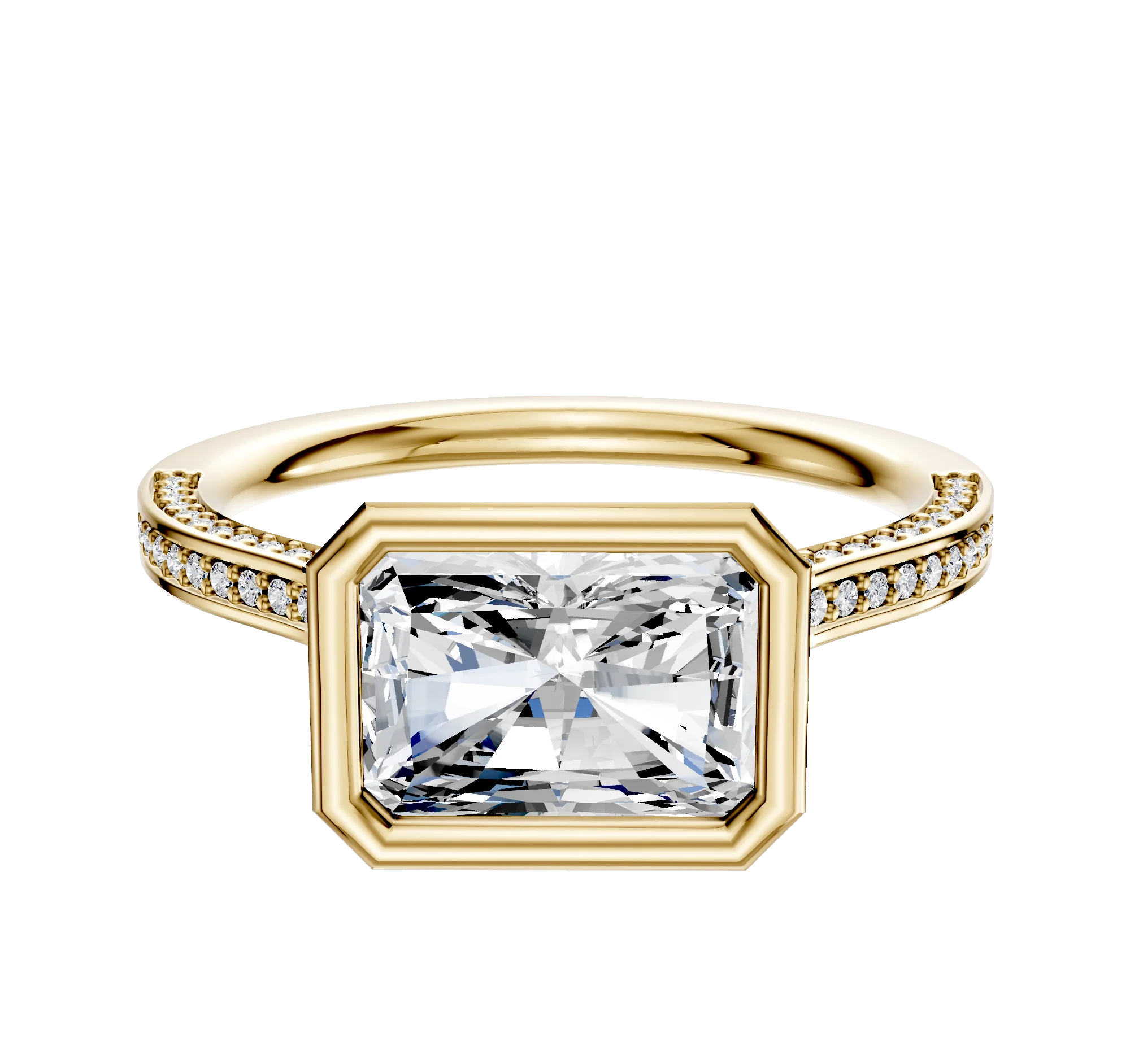 14K Yellow Gold Bezel Full Bezel East/West Cathedral Flat 3-Row-Pave 2.0mm Engagement Ring