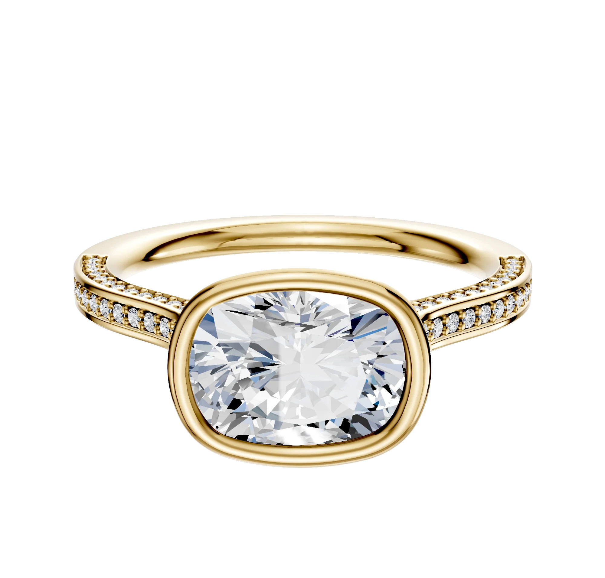 14K Yellow Gold Bezel Full Bezel East/West Cathedral Flat 3-Row-Pave 2.0mm Engagement Ring