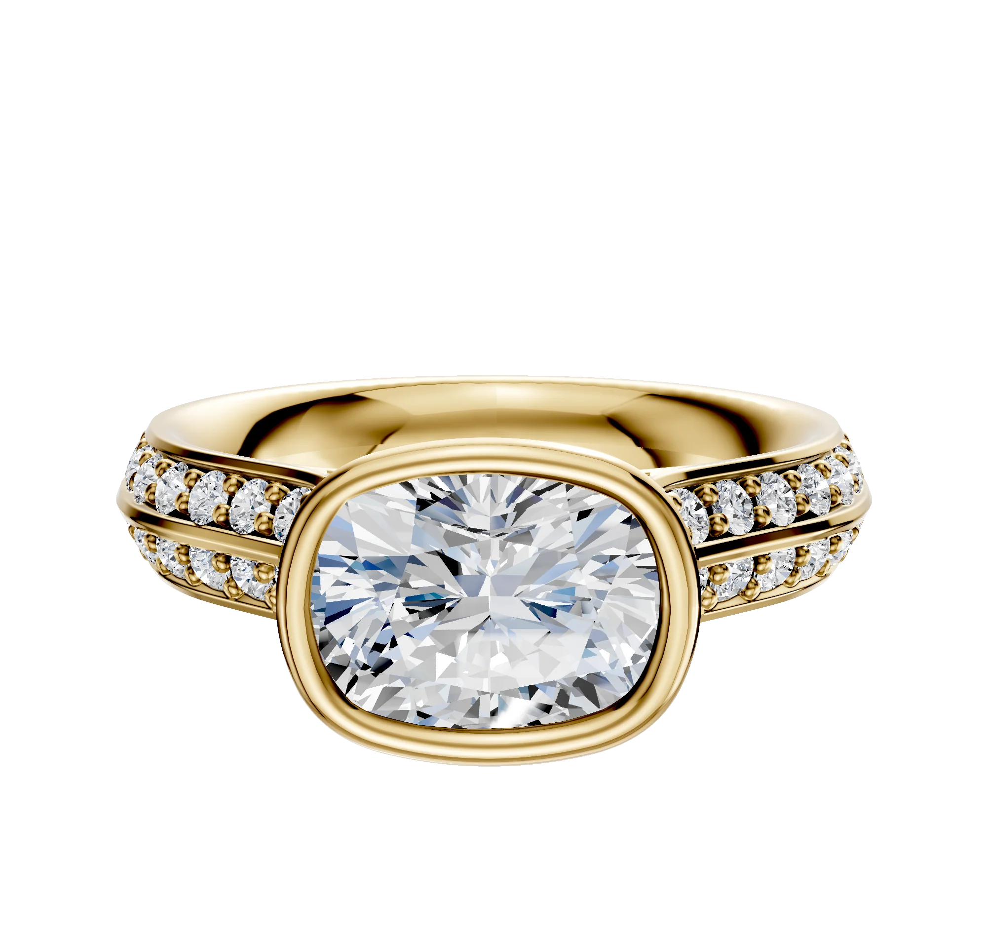 14K Yellow Gold Bezel Full Bezel East/West Cathedral Knife Edge 1-Row-Pave 2.5mm Engagement Ring