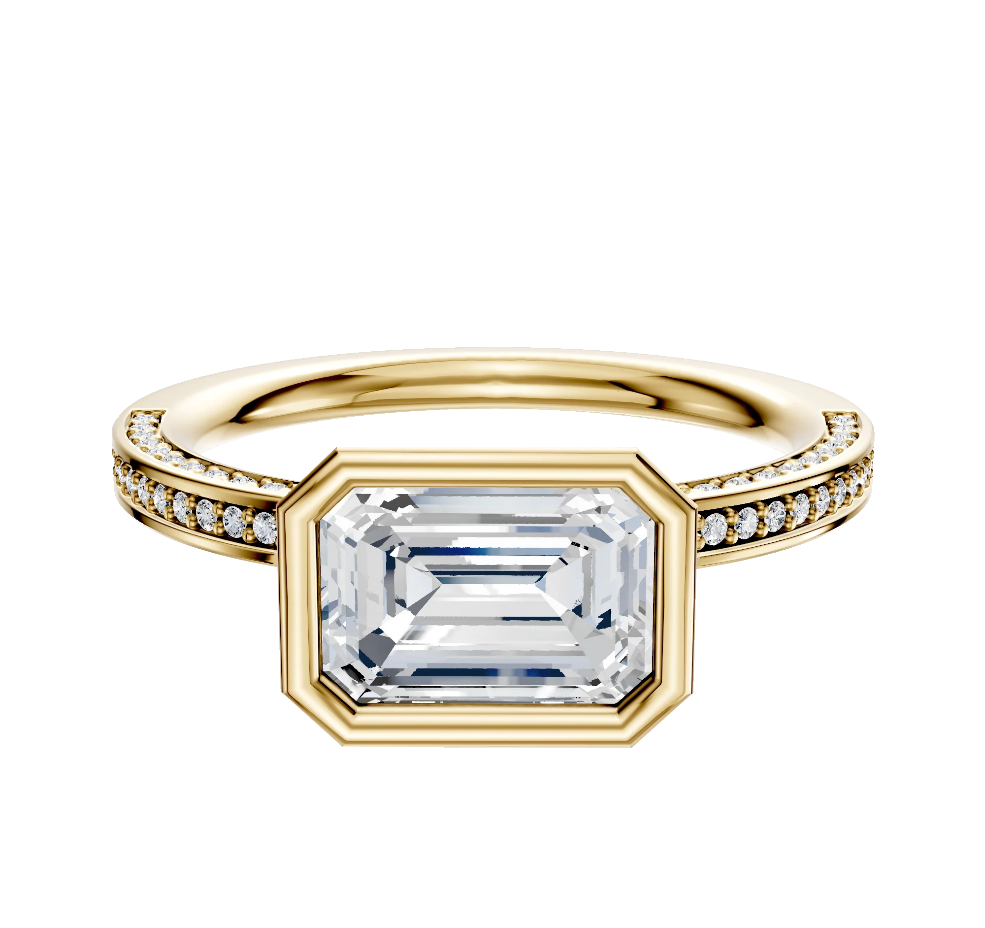 14K Yellow Gold Bezel Full Bezel East/West Classic Flat 3-Row-Pave 2.0mm Engagement Ring